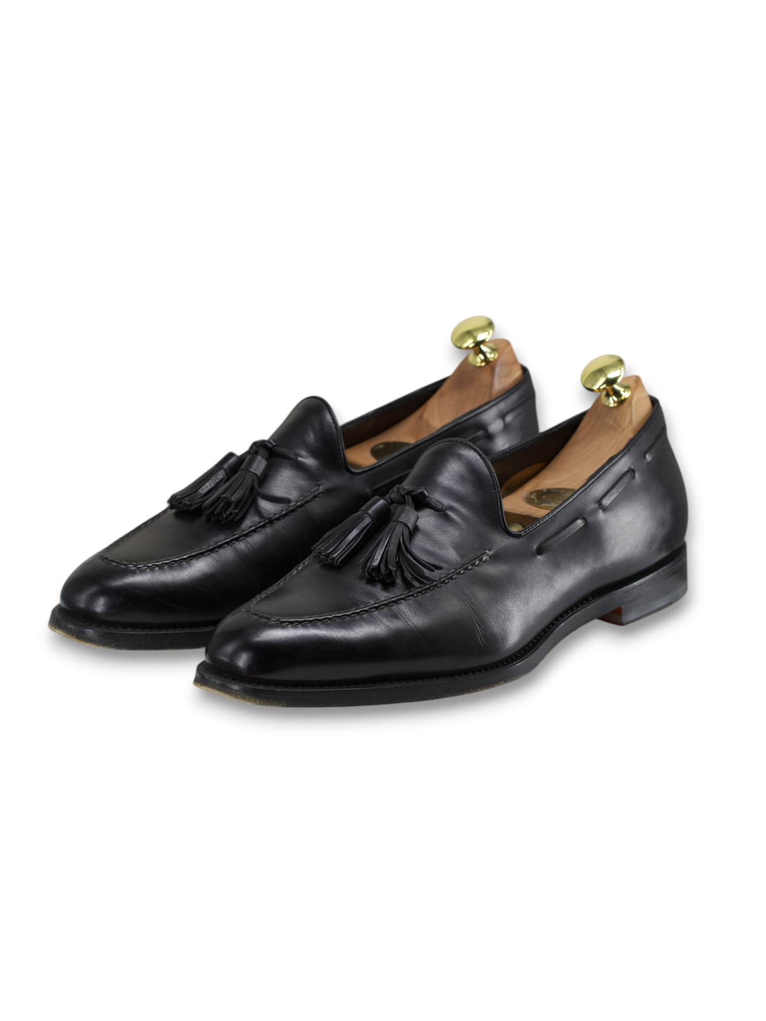 Santoni Black Calfleather Goodyear-Welted Tassel Loafers