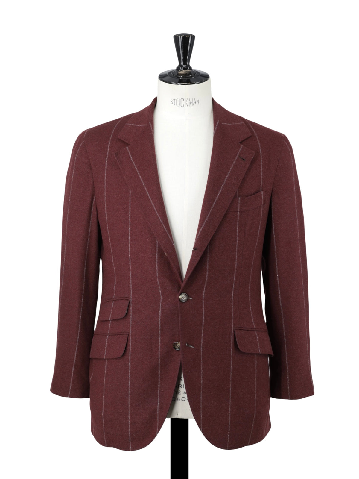Brunello Cucinelli Dark Red Silk, Wool & Cashmere Double Breasted Chalkstripe Jacket