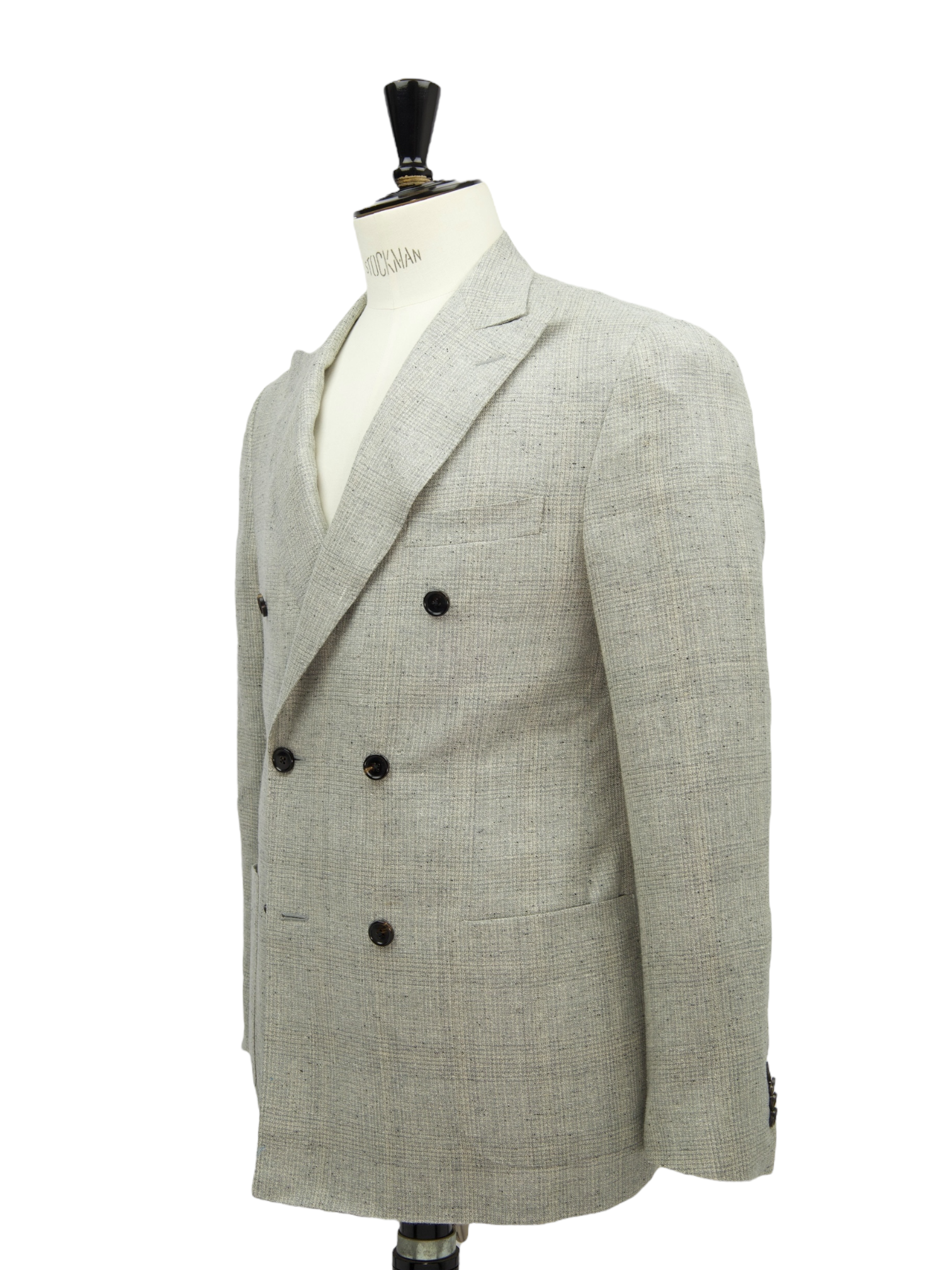 Corneliani Light Grey Double Breasted Silk, Linen & Wool Micro-Pattern Jacket