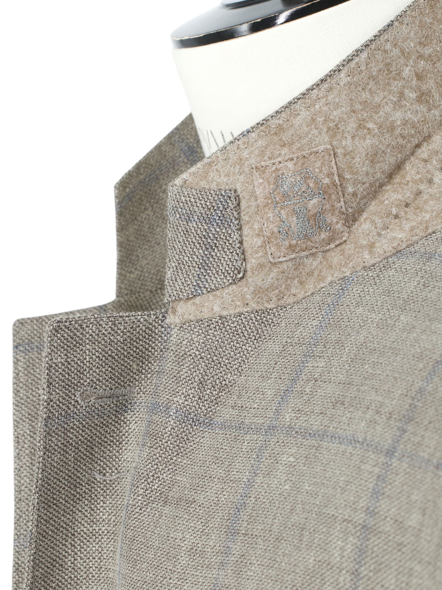 Brunello Cucinelli Light Brown & Chambray Blue Linen, Wool & Silk Windowpane Jacket