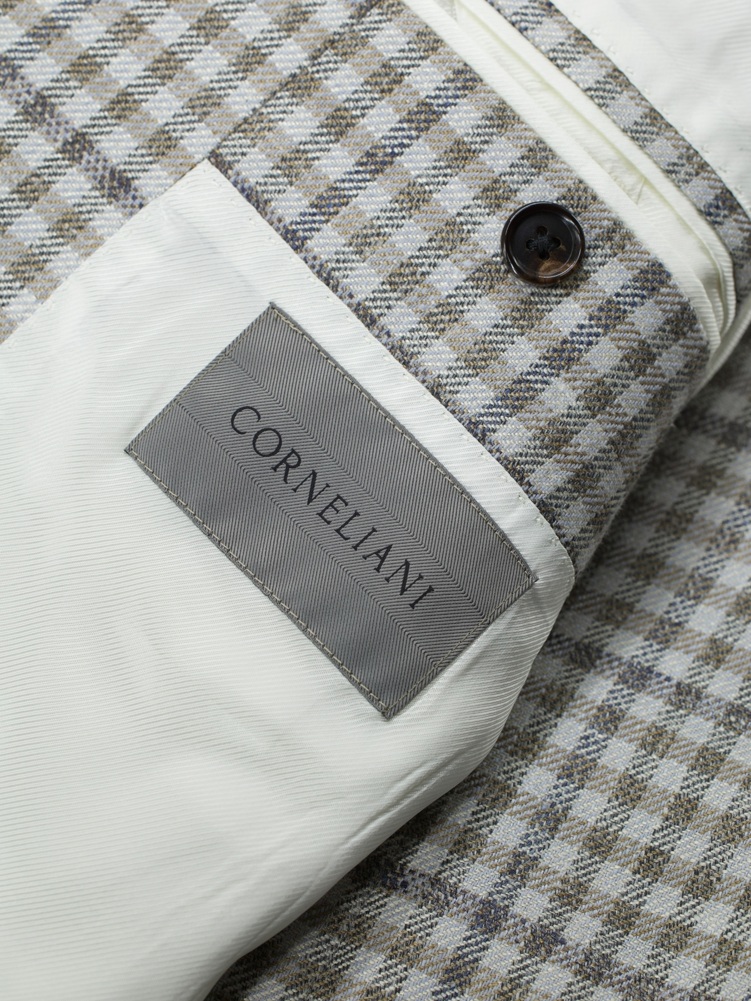 Corneliani Marlbled Greige Silk, Linen & Wool Guncheck Jacket