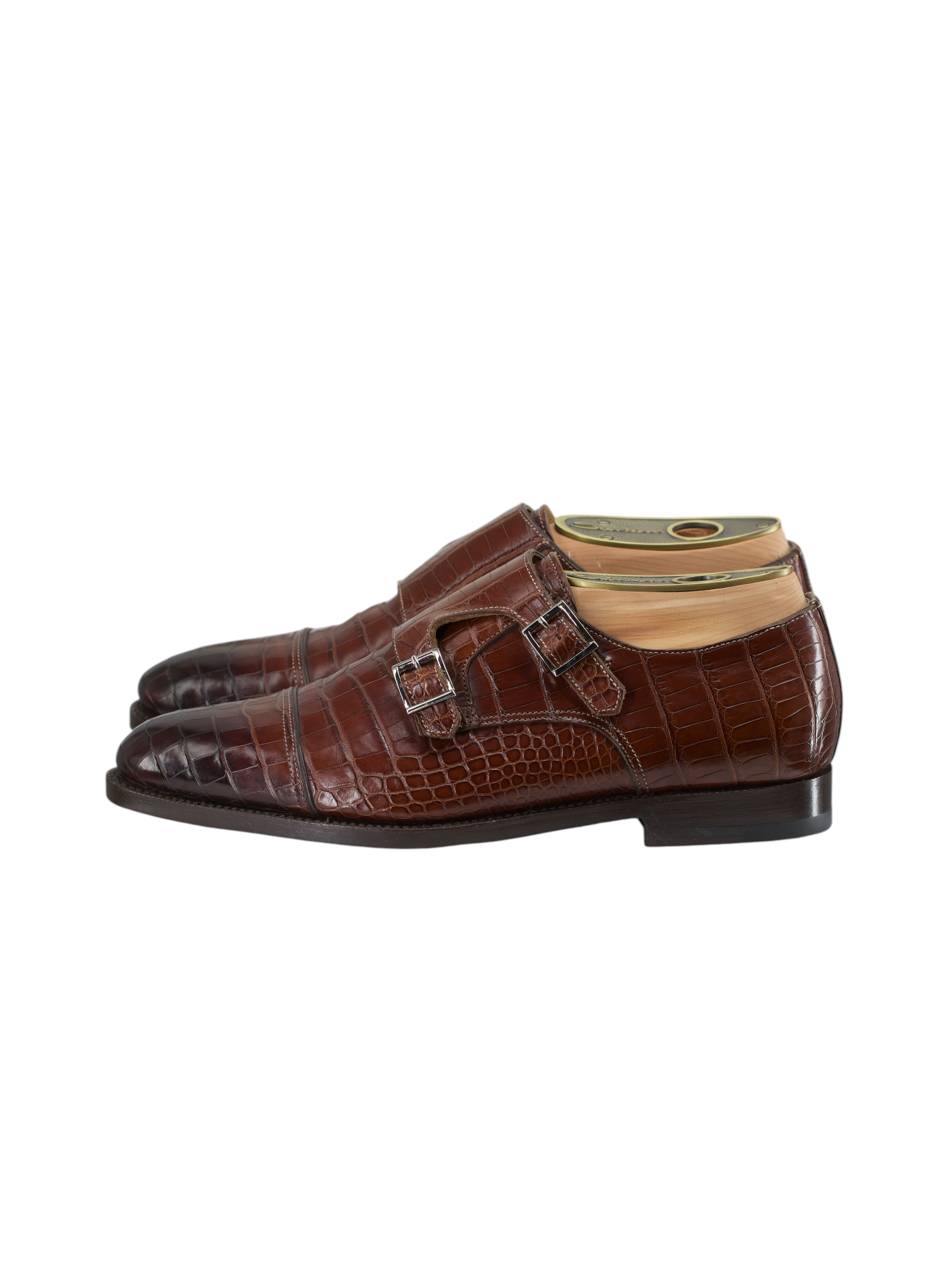 Santoni Castagne Brown Mississippi-Alligator Double Monk + Belt