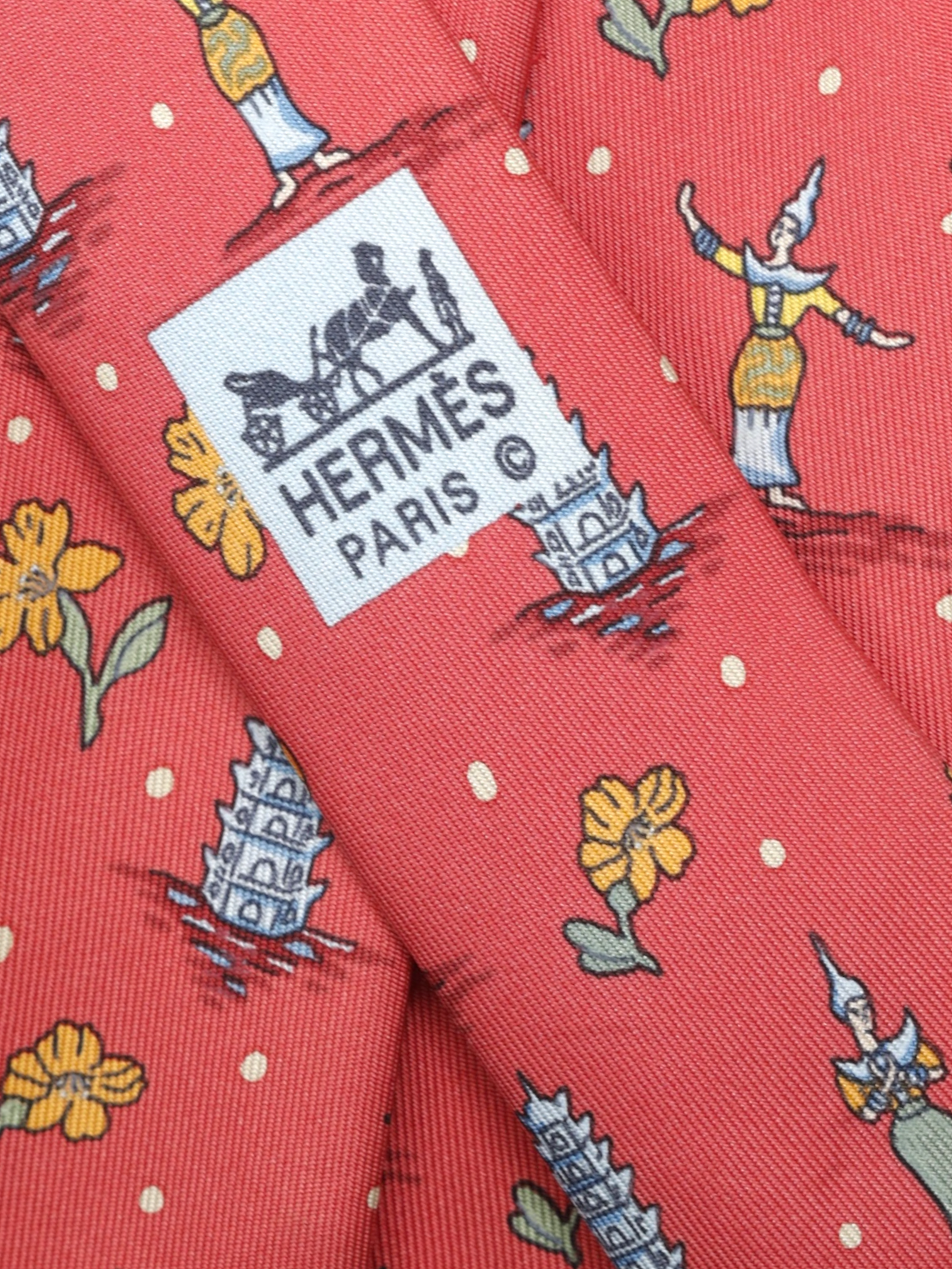 Hermès Coral Red Silk Oriental Pagoda-Pattern Tie