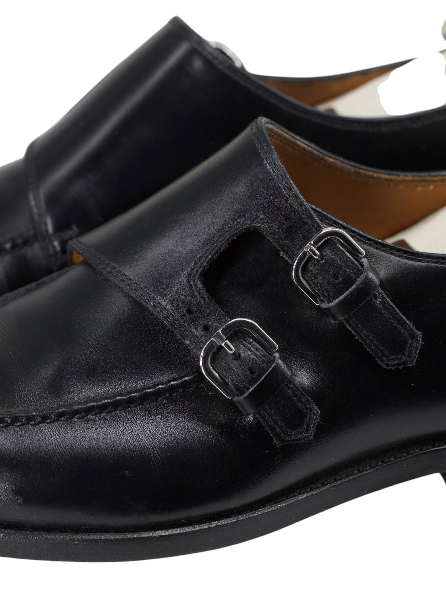 Bontoni Black Calfleather Diagonal-Curved "Diamante III" Double Monk