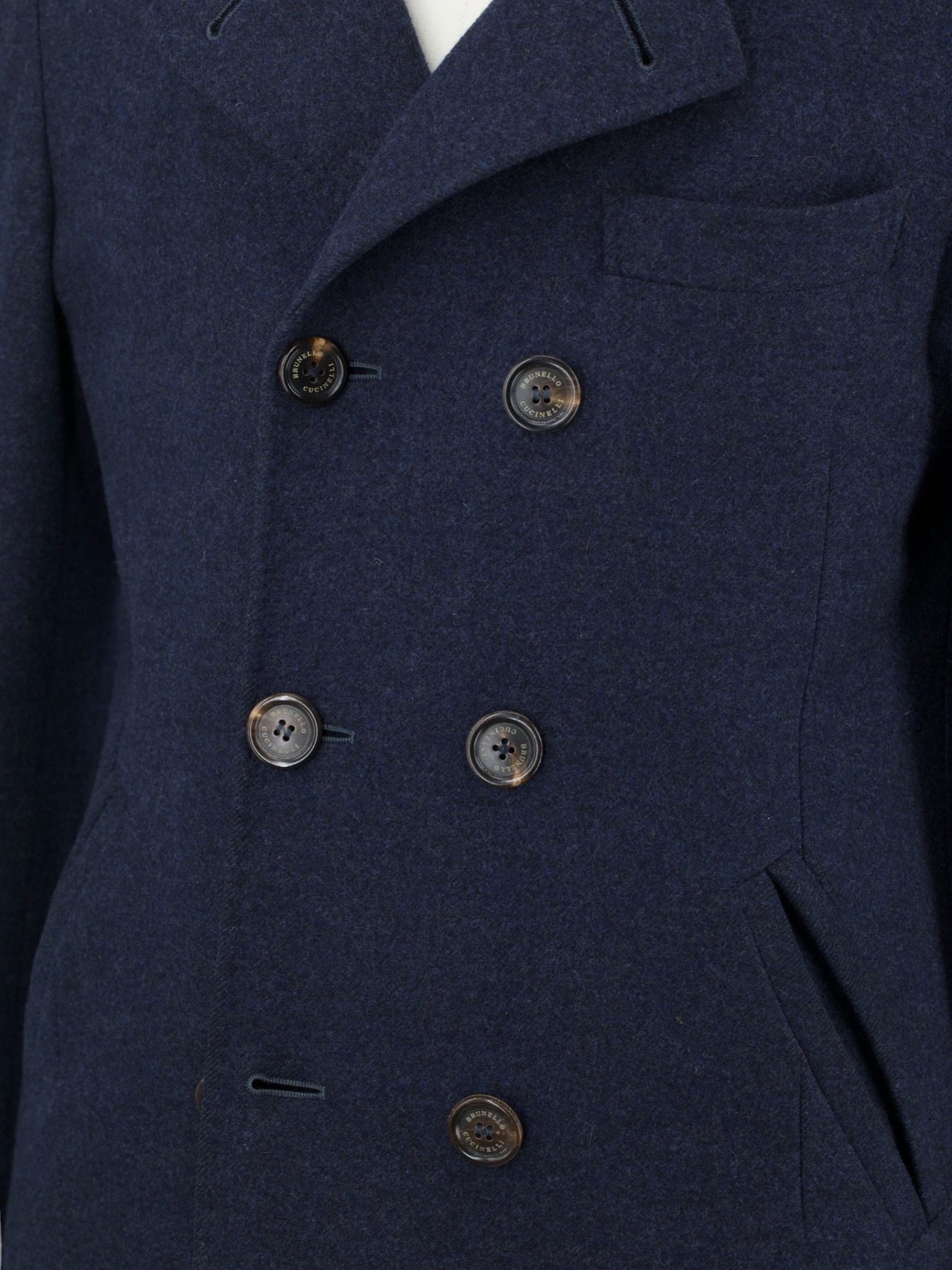 Brunello Cucinelli Dark Blue Wool & Cashmere Double Breasted Peacoat