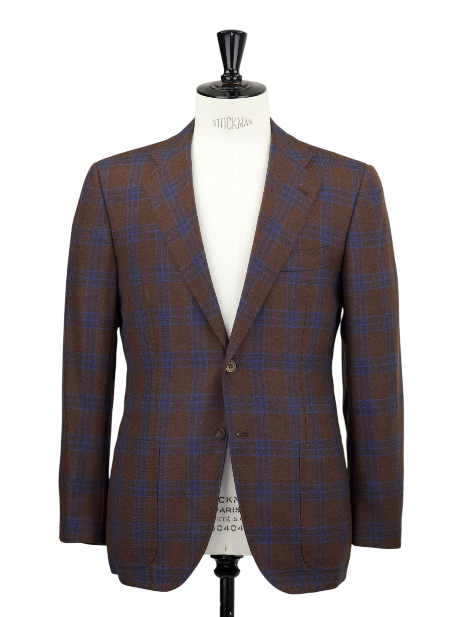 Kiton Chocolate Brown & Royal Blue Wool-Flannel Windowpane "Lasa" Jacket