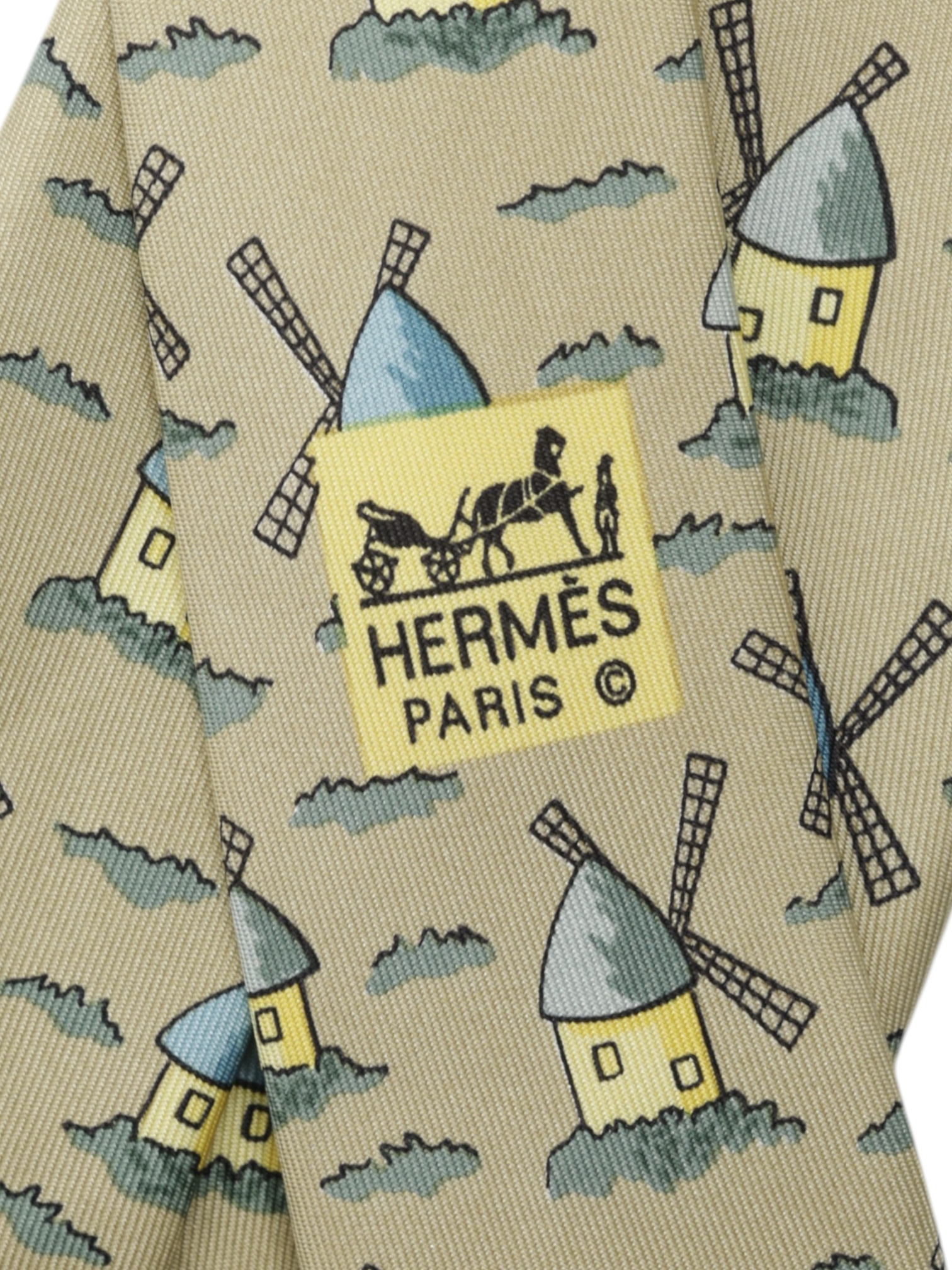 Hermès Light Brown & Yellow Dutch-Windmills Pattern Tie