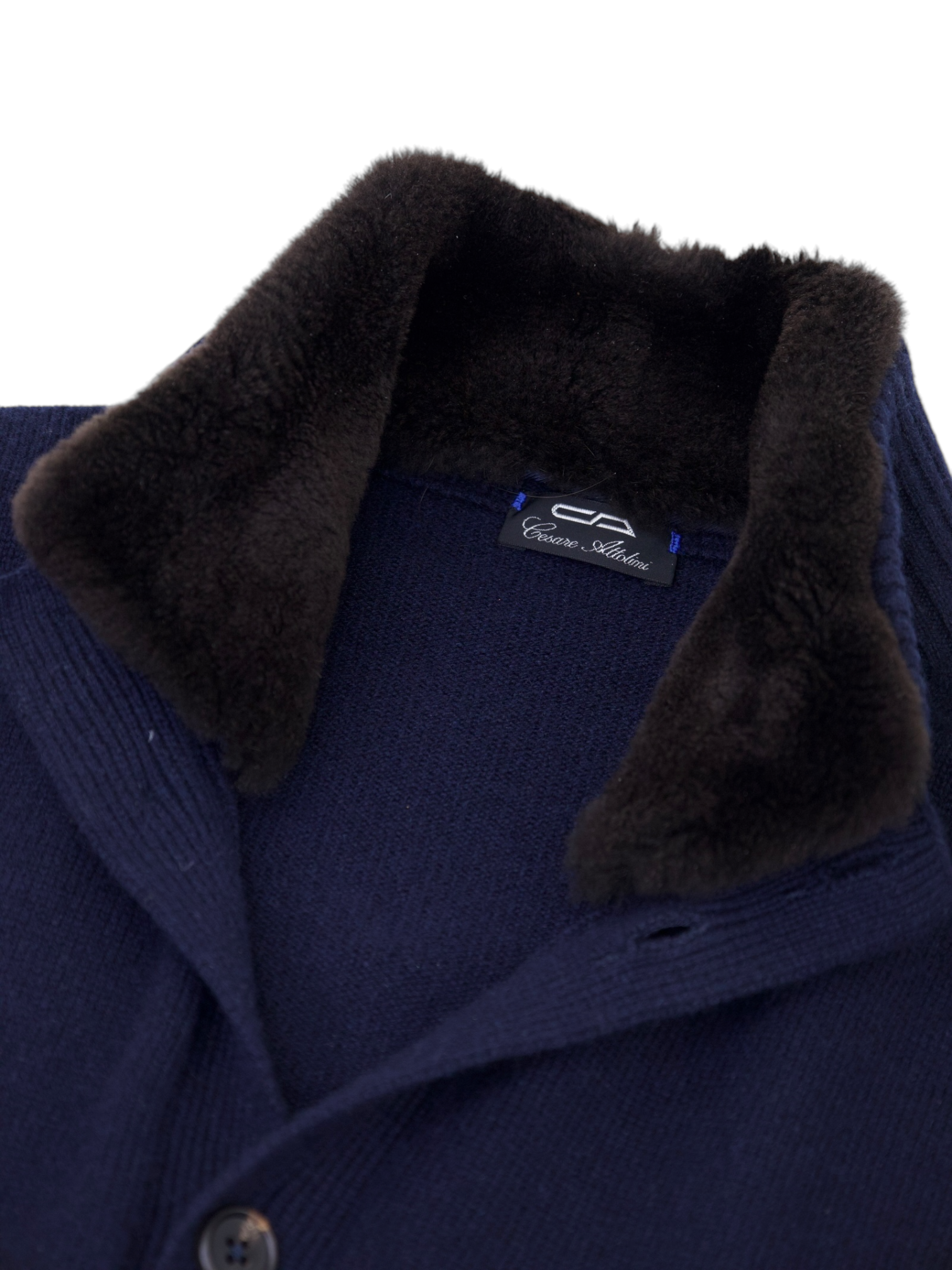 Cesare Attolini Navy Cashmere & Castorino Fur-Collar Sweater