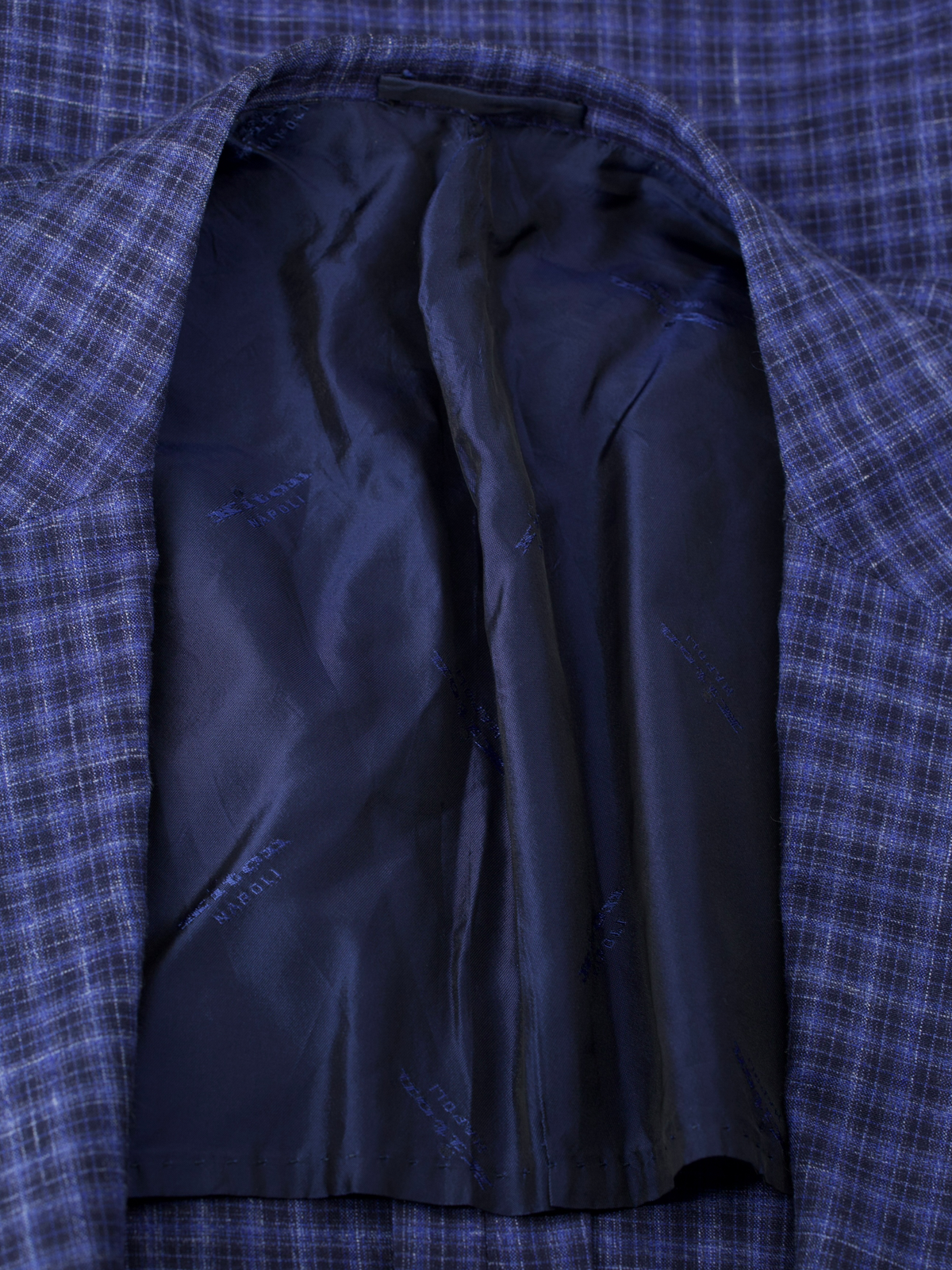 Kiton Royal Blue Cashmere, Silk & Linen Checkered Lungo Jacket