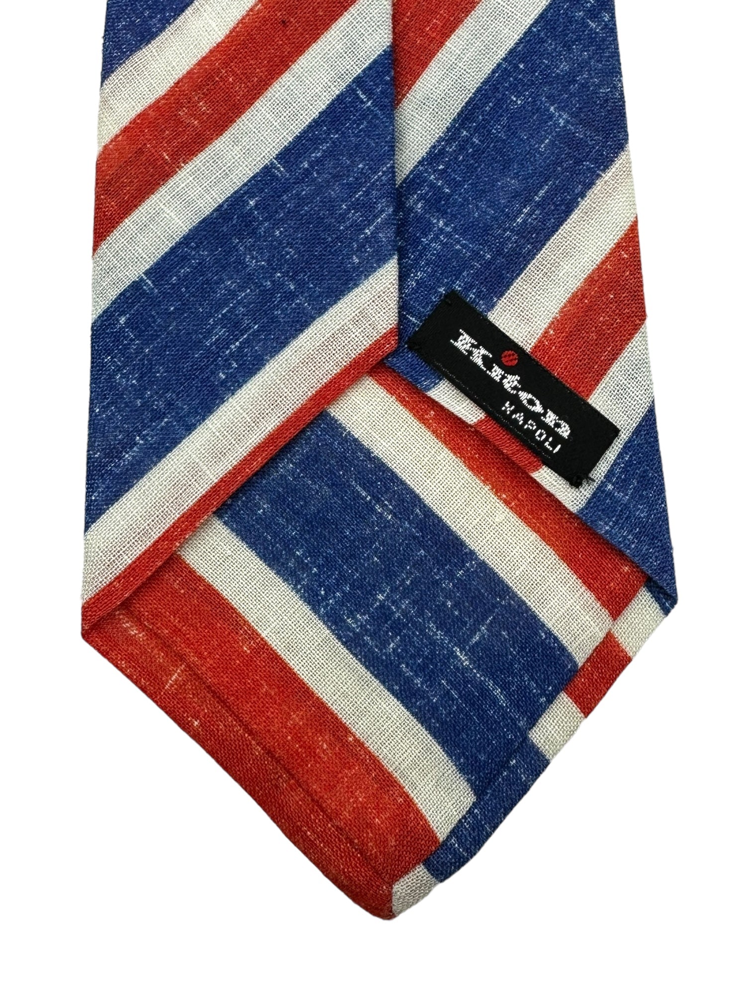 Kiton 7-Fold Blue and Red Club Stripe Linen Tie