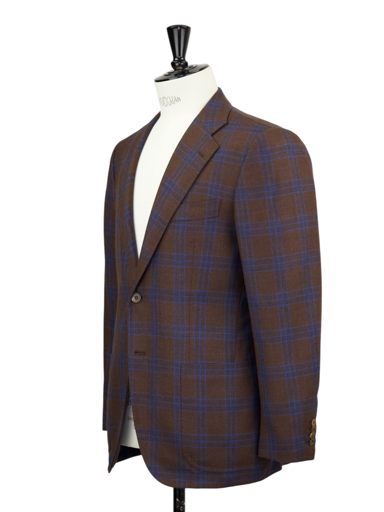 Kiton Chocolate Brown & Royal Blue Wool-Flannel Windowpane "Lasa" Jacket