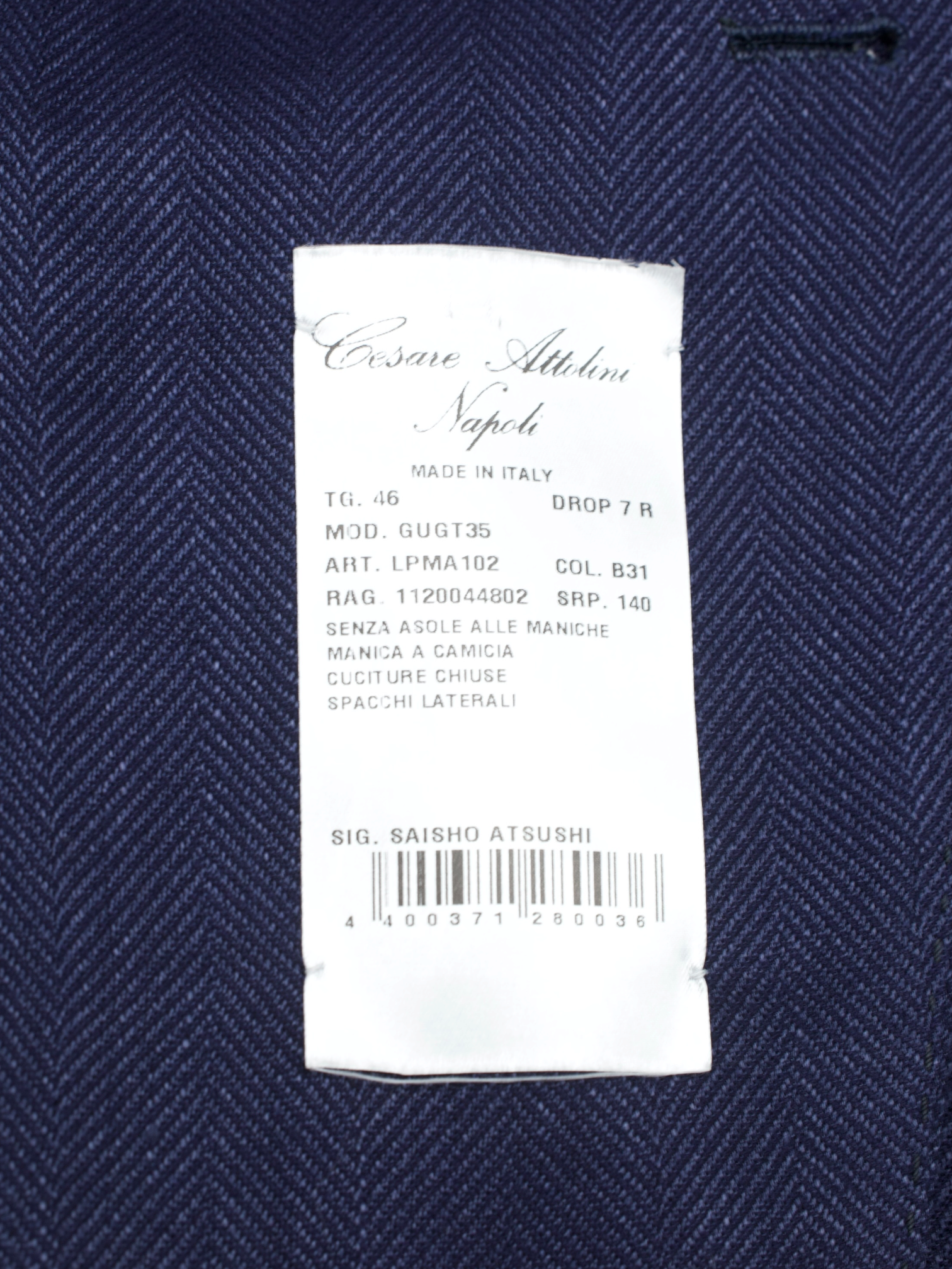 Cesare Attolini Dark Blue Cashmere, Silk & Linen Herringbone Jacket