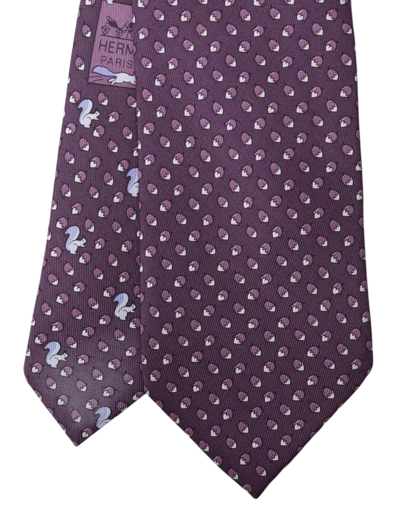 Hermès Purple Silk Squirrel & Acorns Pattern Tie