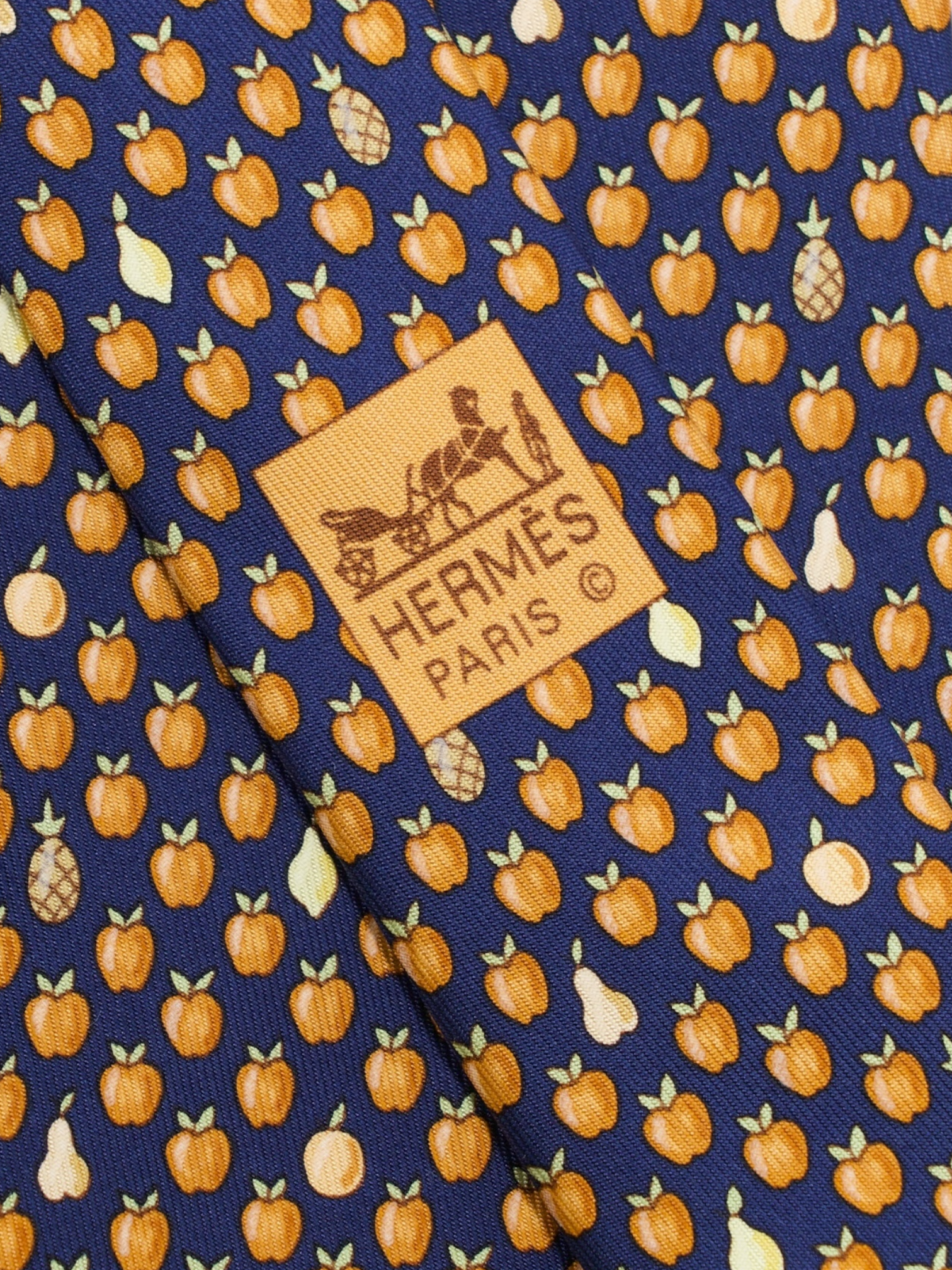 Hermès Navy & Orange Silk Apple & Pear Pattern Tie