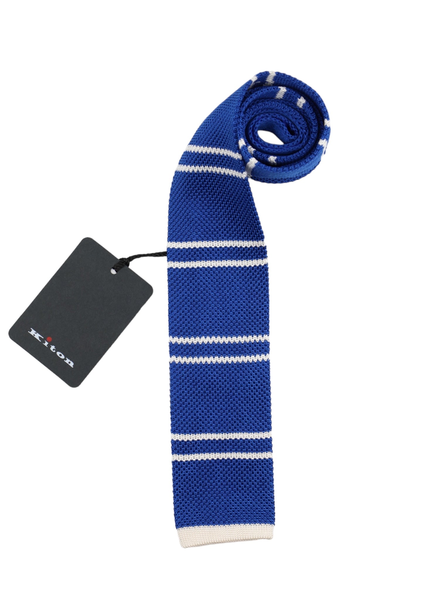 Kiton Azure Blue Horizontal Stripe Knitted Silk Tie