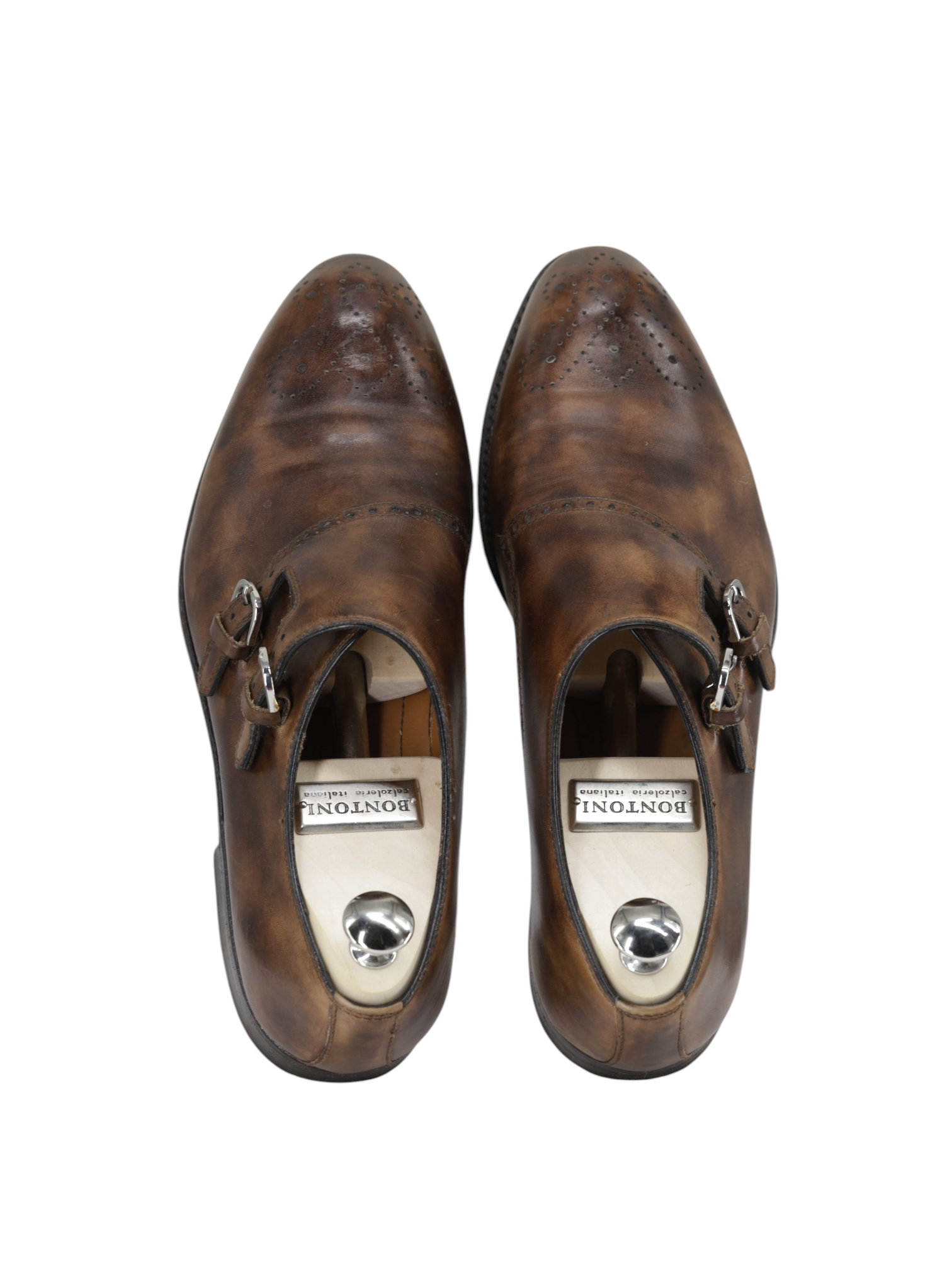 Bontoni Dark Brown Calfleather Perforated Brogue-Style Double Monk + Crocodile Belt