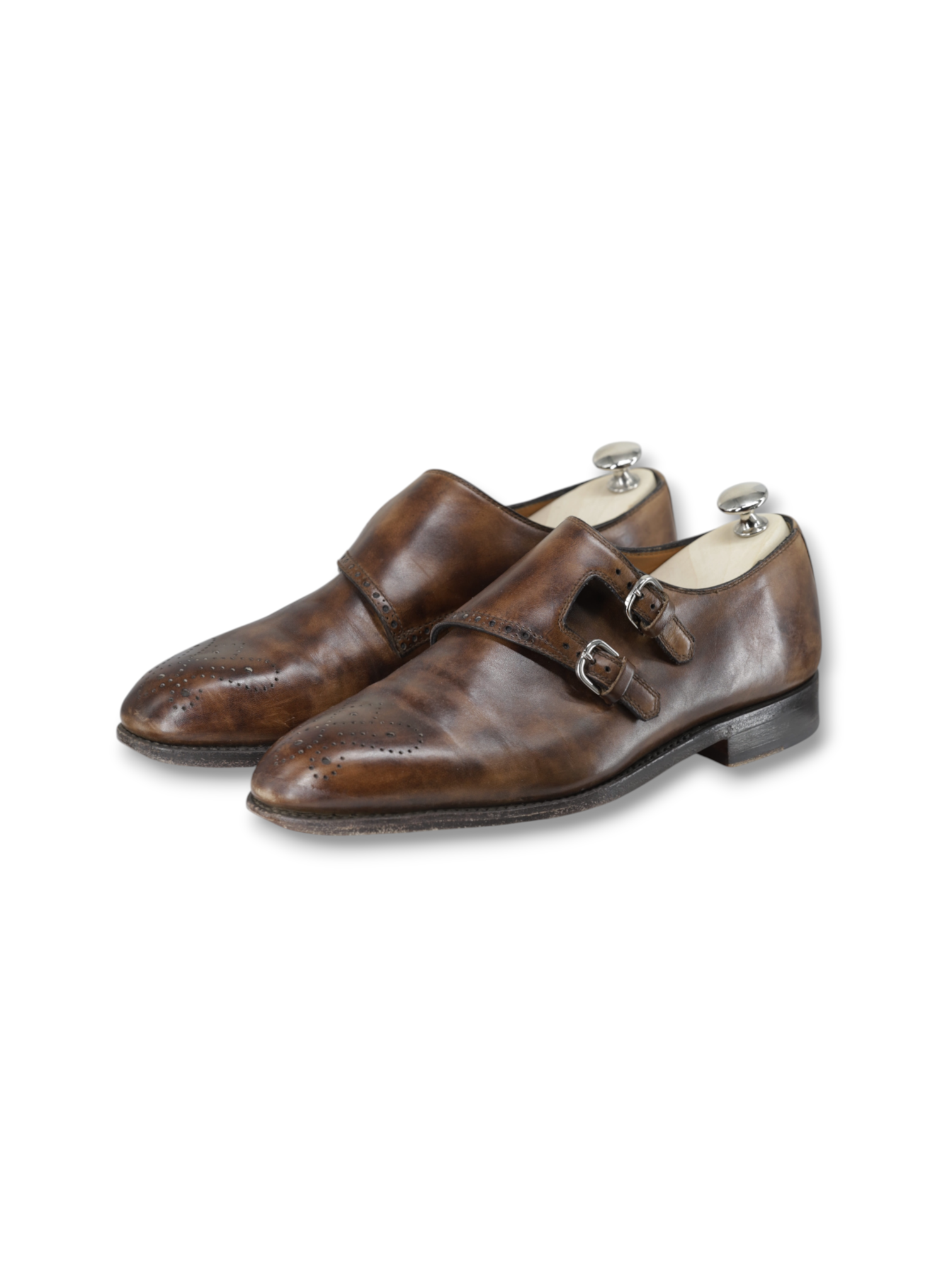 Bontoni Dark Brown Calfleather Perforated Brogue-Style Double Monk + Crocodile Belt