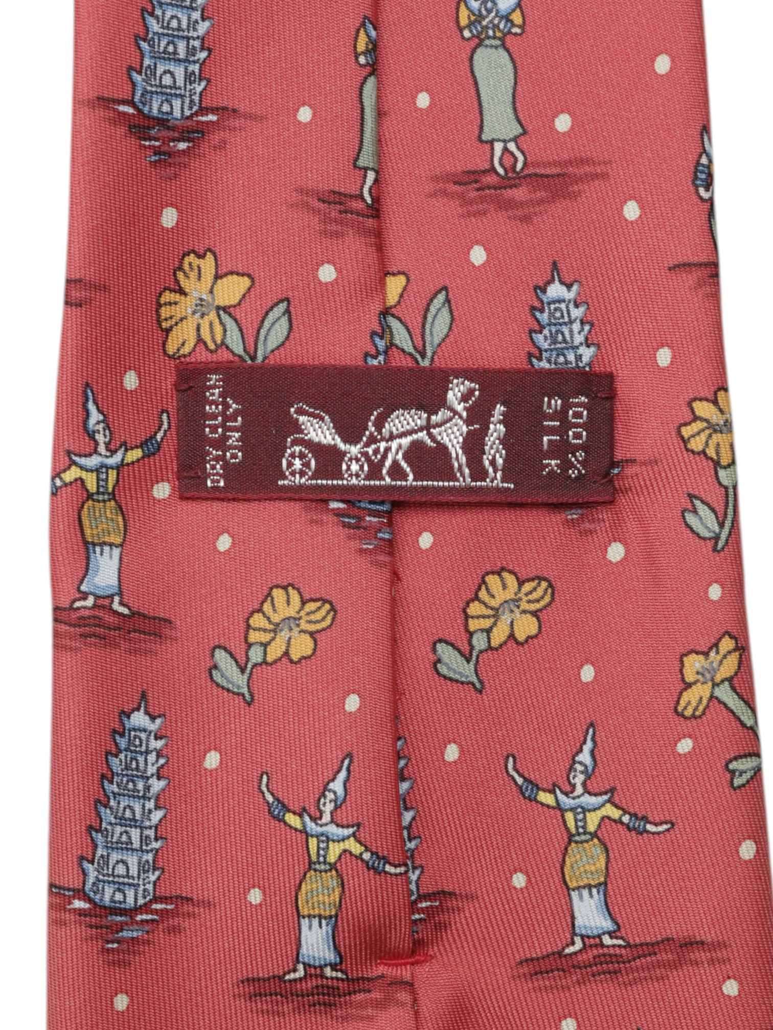 Hermès Coral Red Silk Oriental Pagoda-Pattern Tie