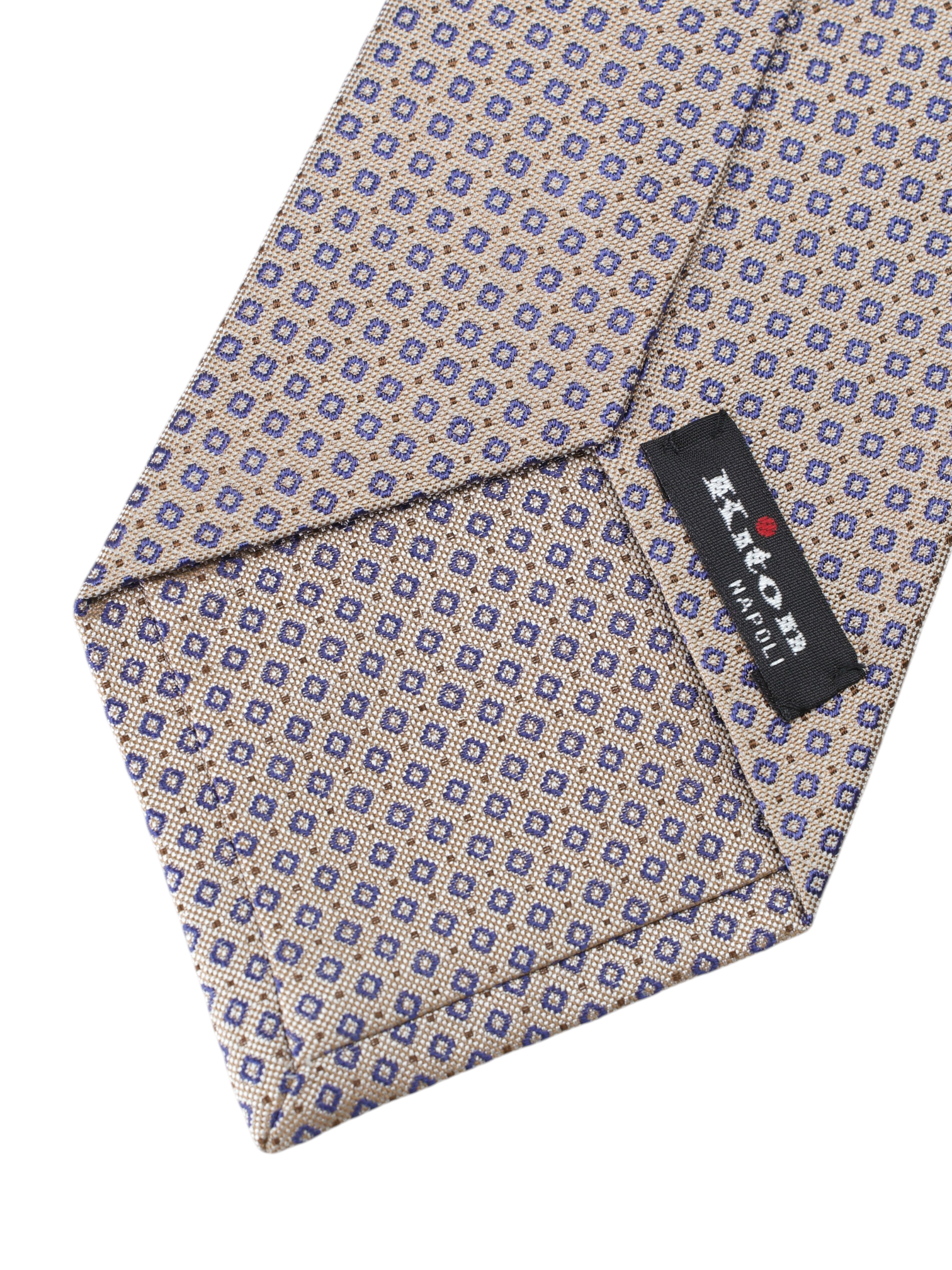 Kiton 5-Fold Taupe & Navy Silk Micro-Square Pattern Tie