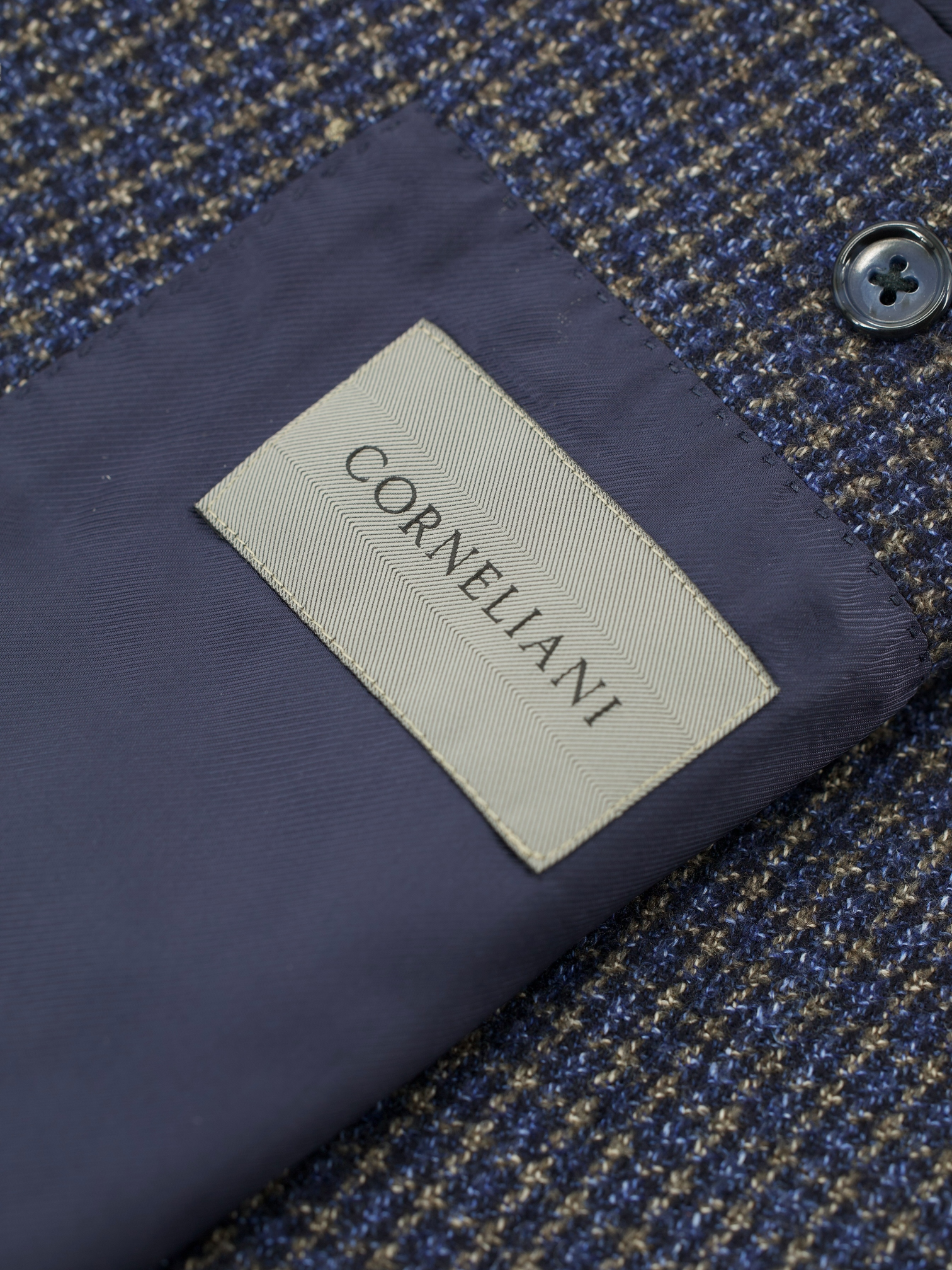 Corneliani Dark Blue & Light Brown Wool, Silk & Linen Check Jacket