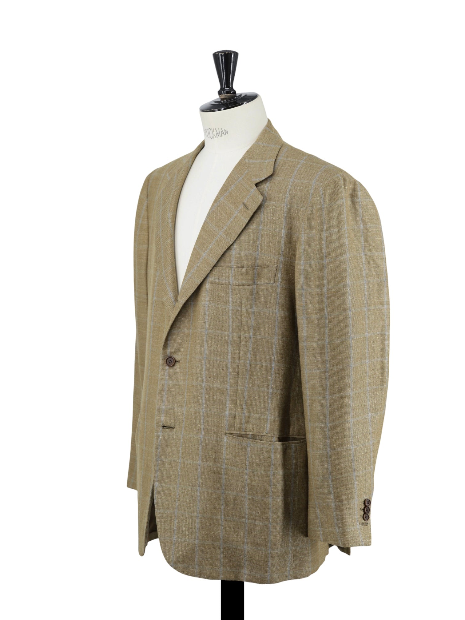 Kiton Caramel Brown & Light Blue Wool & Linen Windowpane Summer Jacket