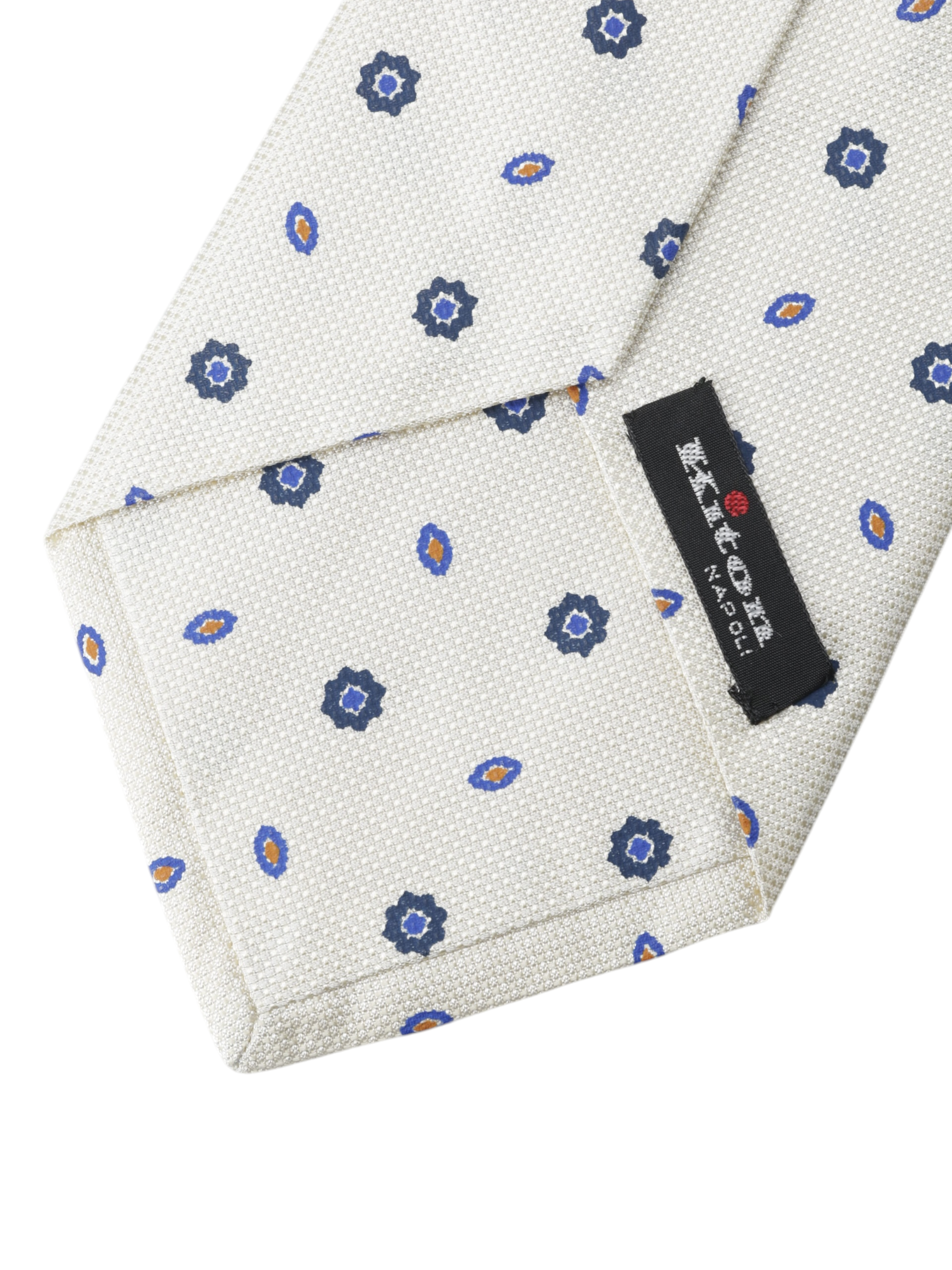 Kiton 5-Fold Crème & Navy Silk Vintage-Pattern Self-Tipped Tie