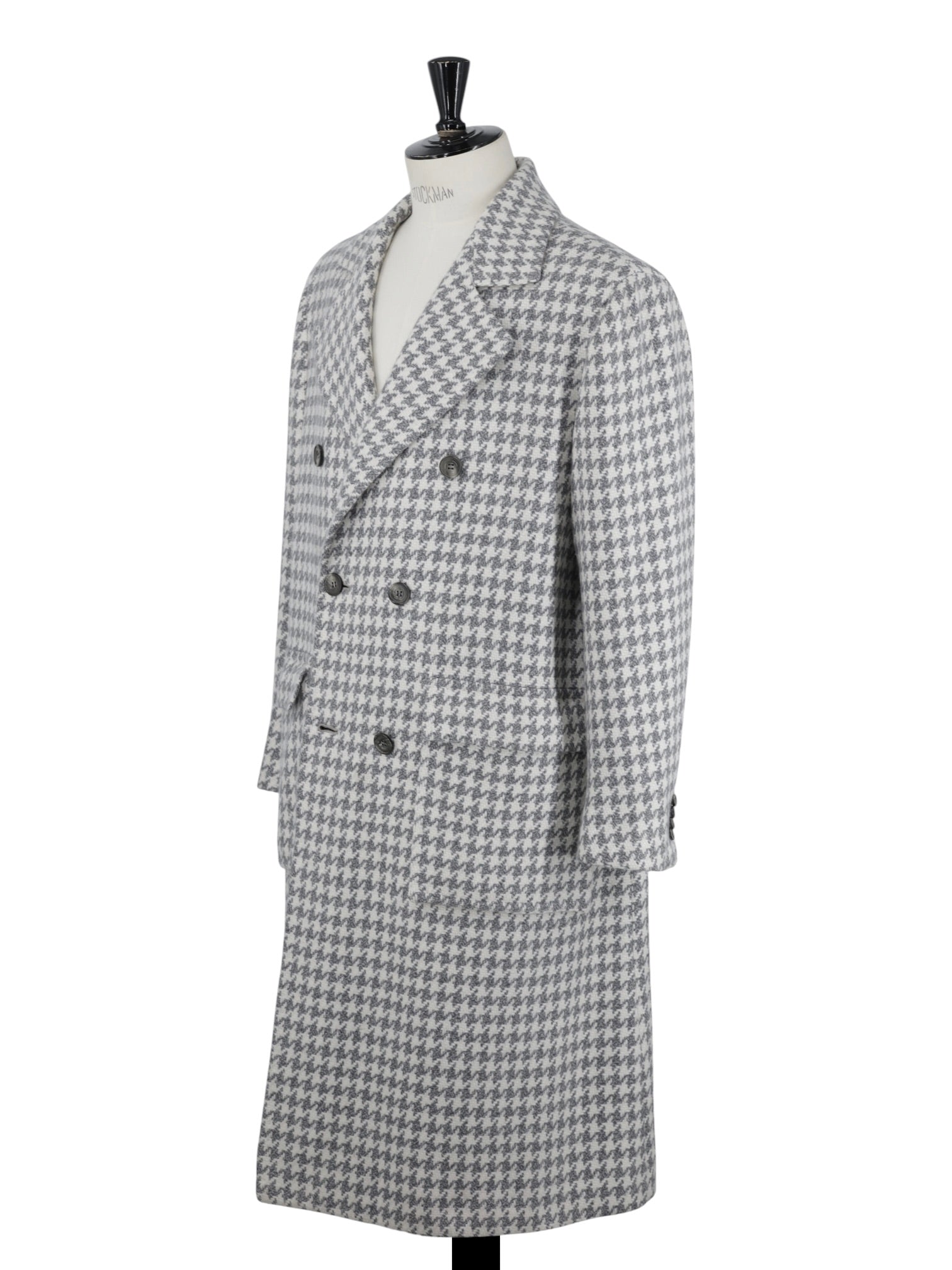 Kiton Light Grey & Offwhite Pure Cashmere Jaquard-Weave Houndstooth Overcoat