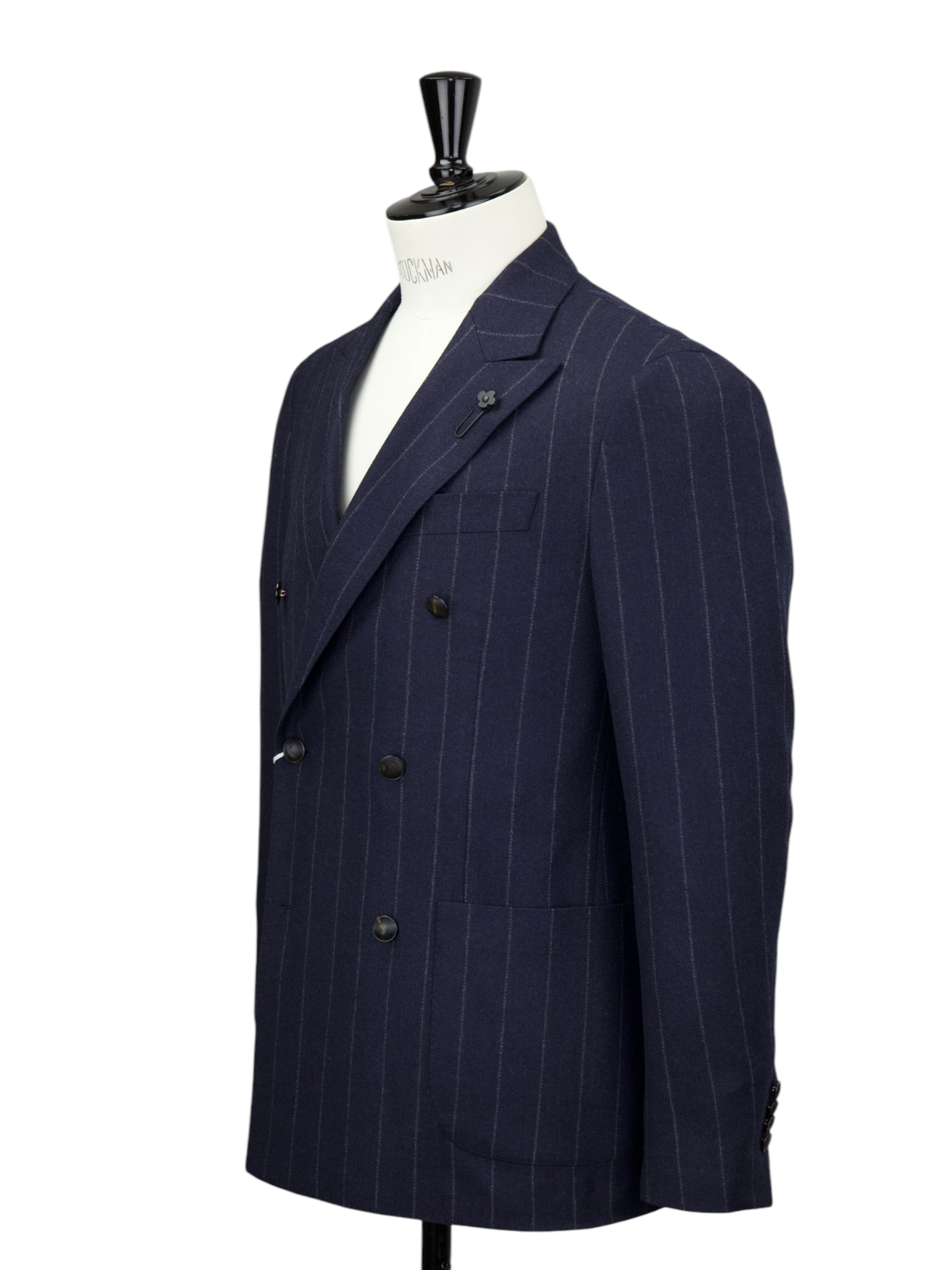 Lardini Navy Double Breasted Wool & Cashmere Flannel Chalkstripe Suit