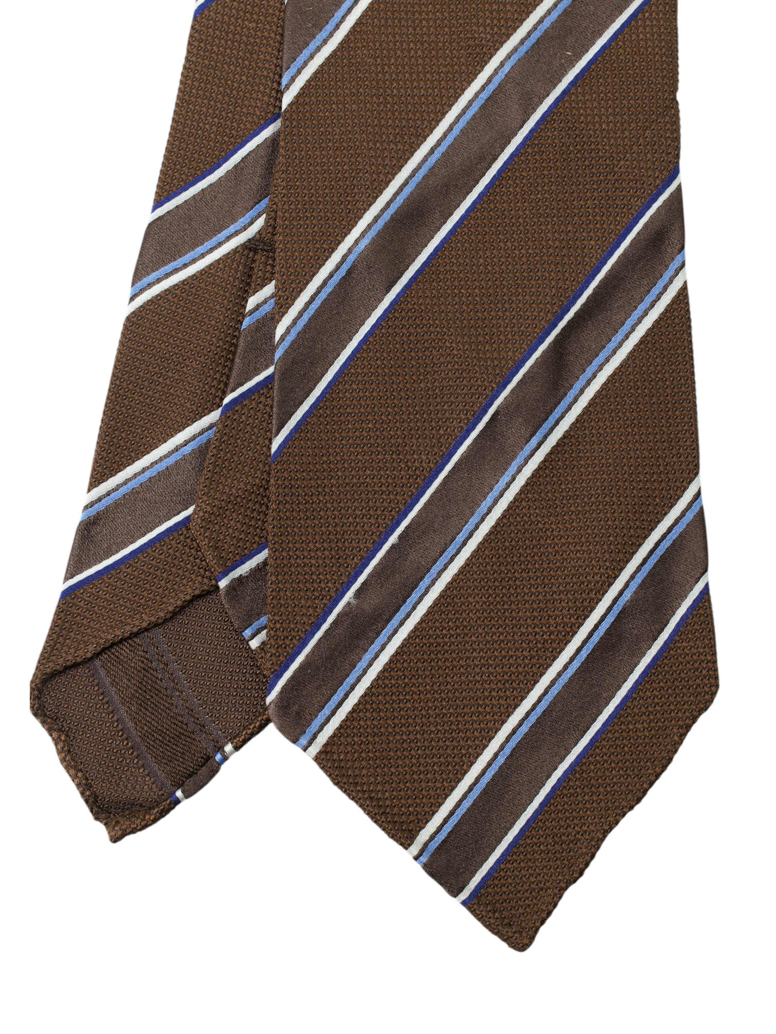Kiton 5-Fold Dark Brown & Light Blue Silk Mutli-Striped Untipped & Handrolled Tie