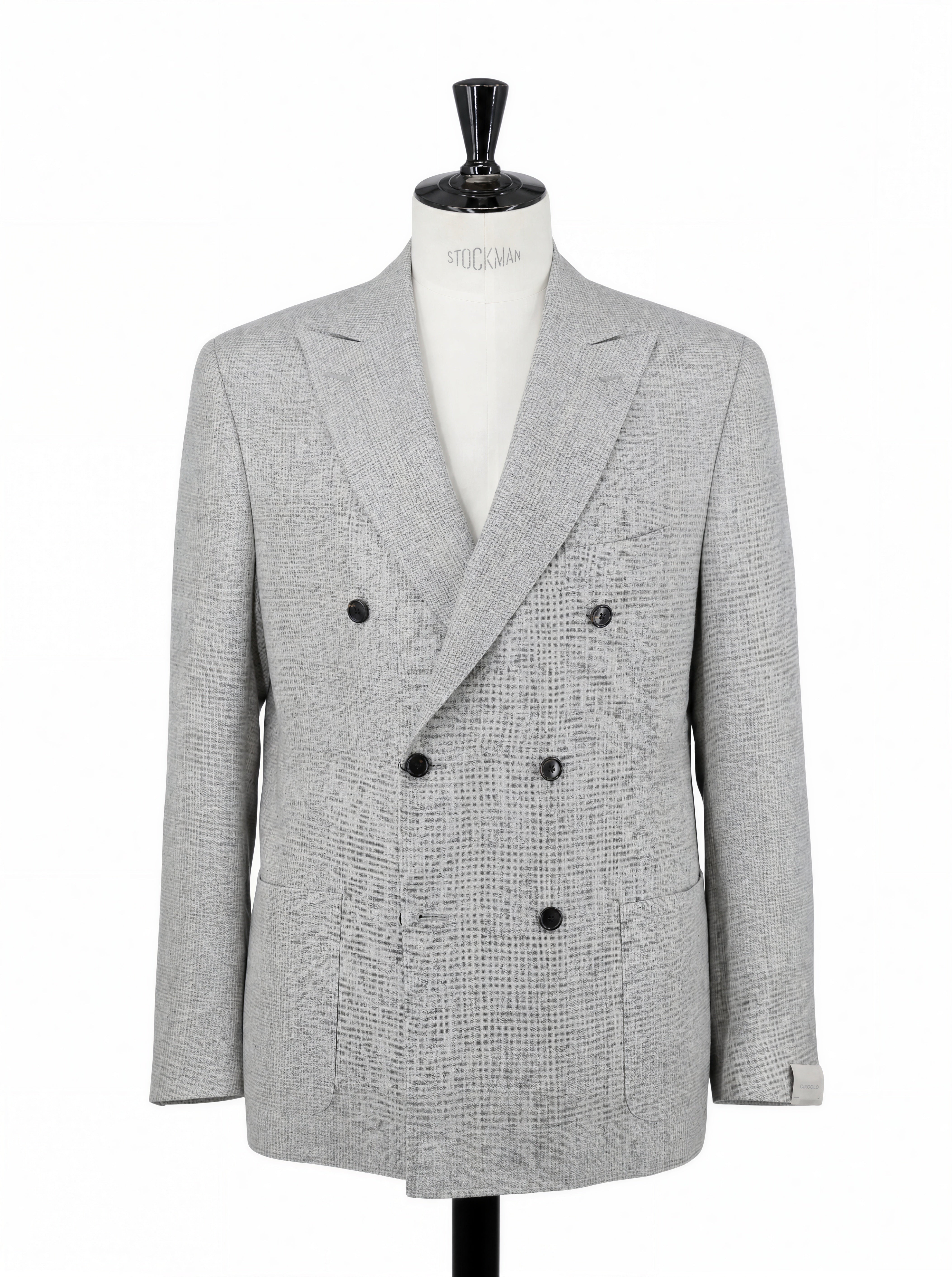 Corneliani Marlbled Greige Double-Breasted Silk, Linen & Wool Jacket