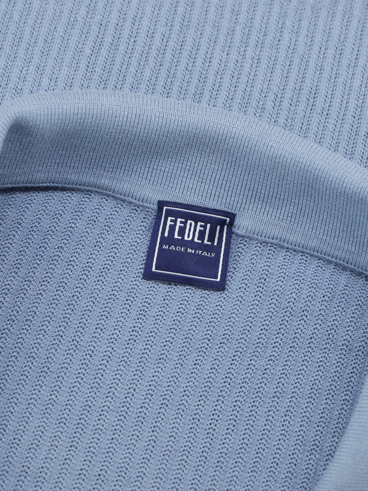 Fedeli Celestial Blue Lightweight Rib-Knitted Cotton Buttonless Polo