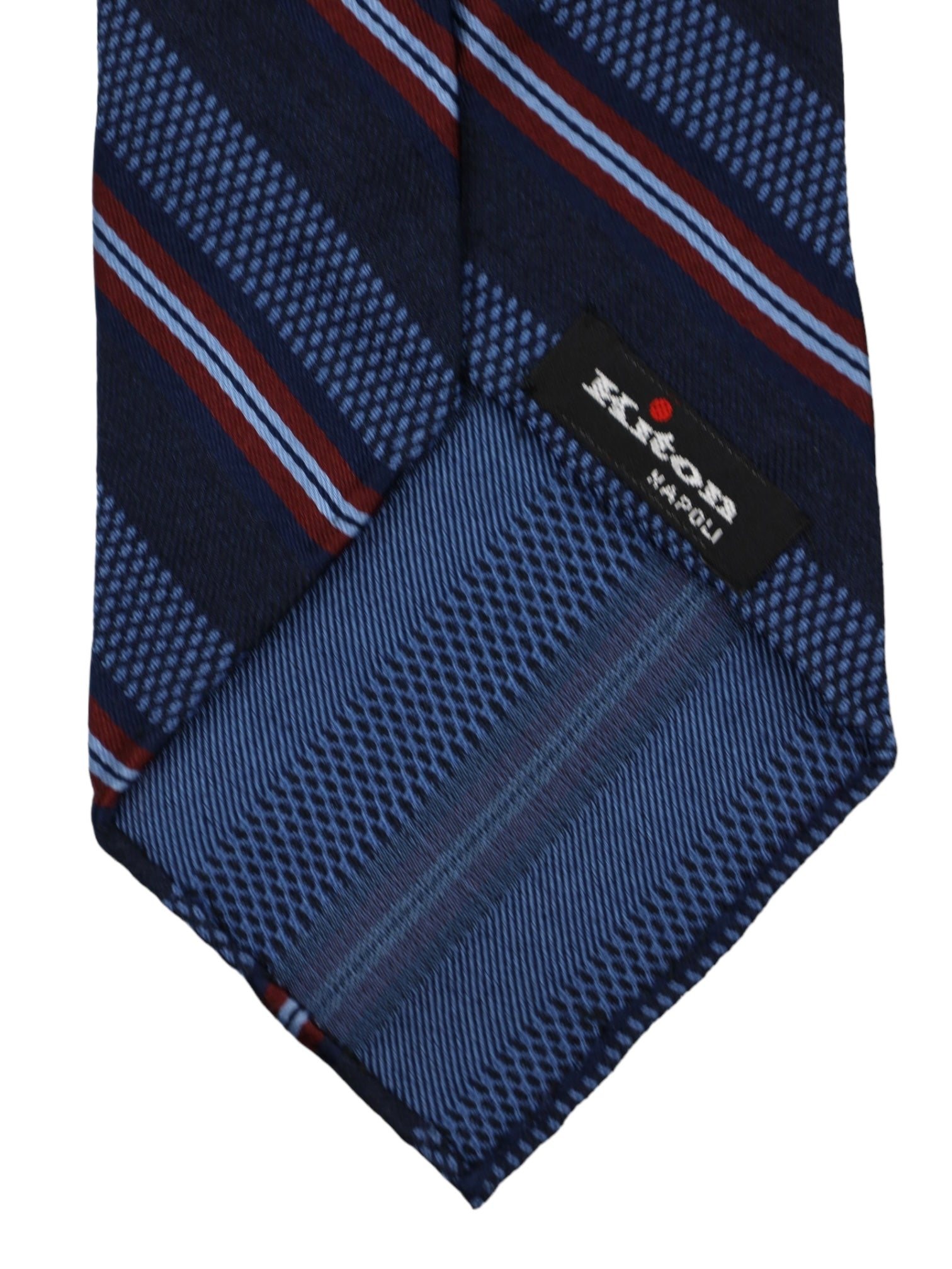 Kiton 7-Fold Self-Tipped Blue Stripe Wool & Linen Tie