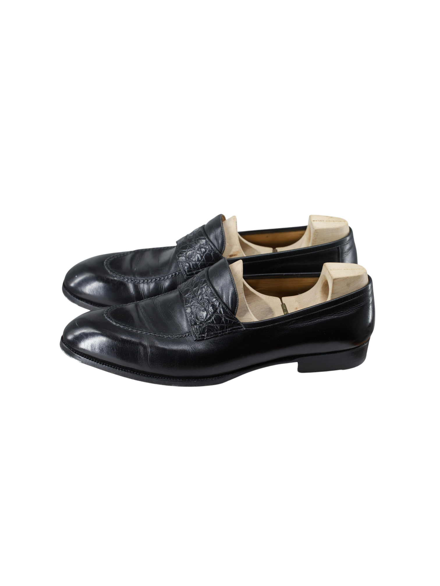Saint Crispin's Black Calfleather & Crocodile-Strap Penny Loafer