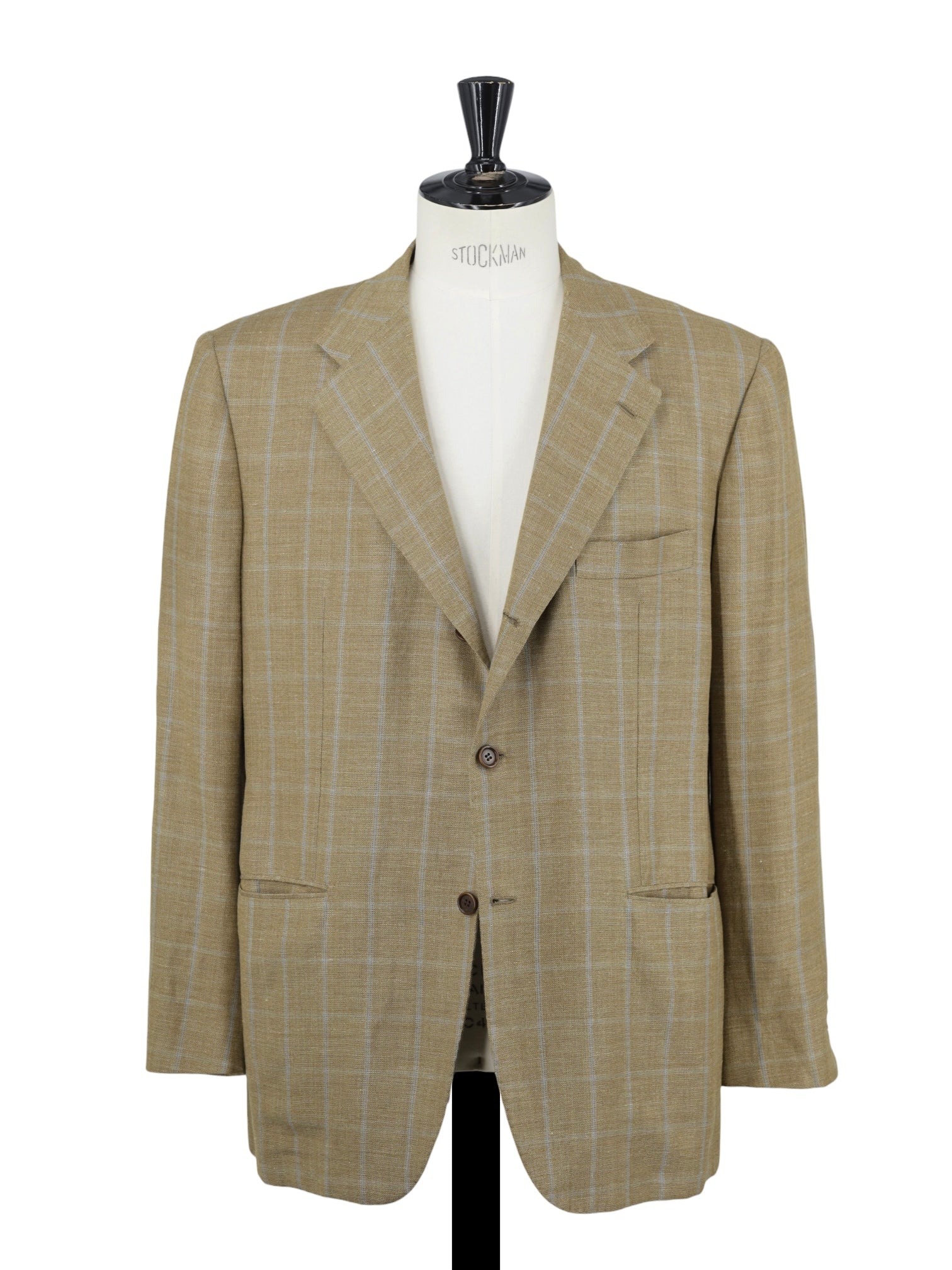 Kiton Caramel Brown & Light Blue Wool & Linen Windowpane Summer Jacket