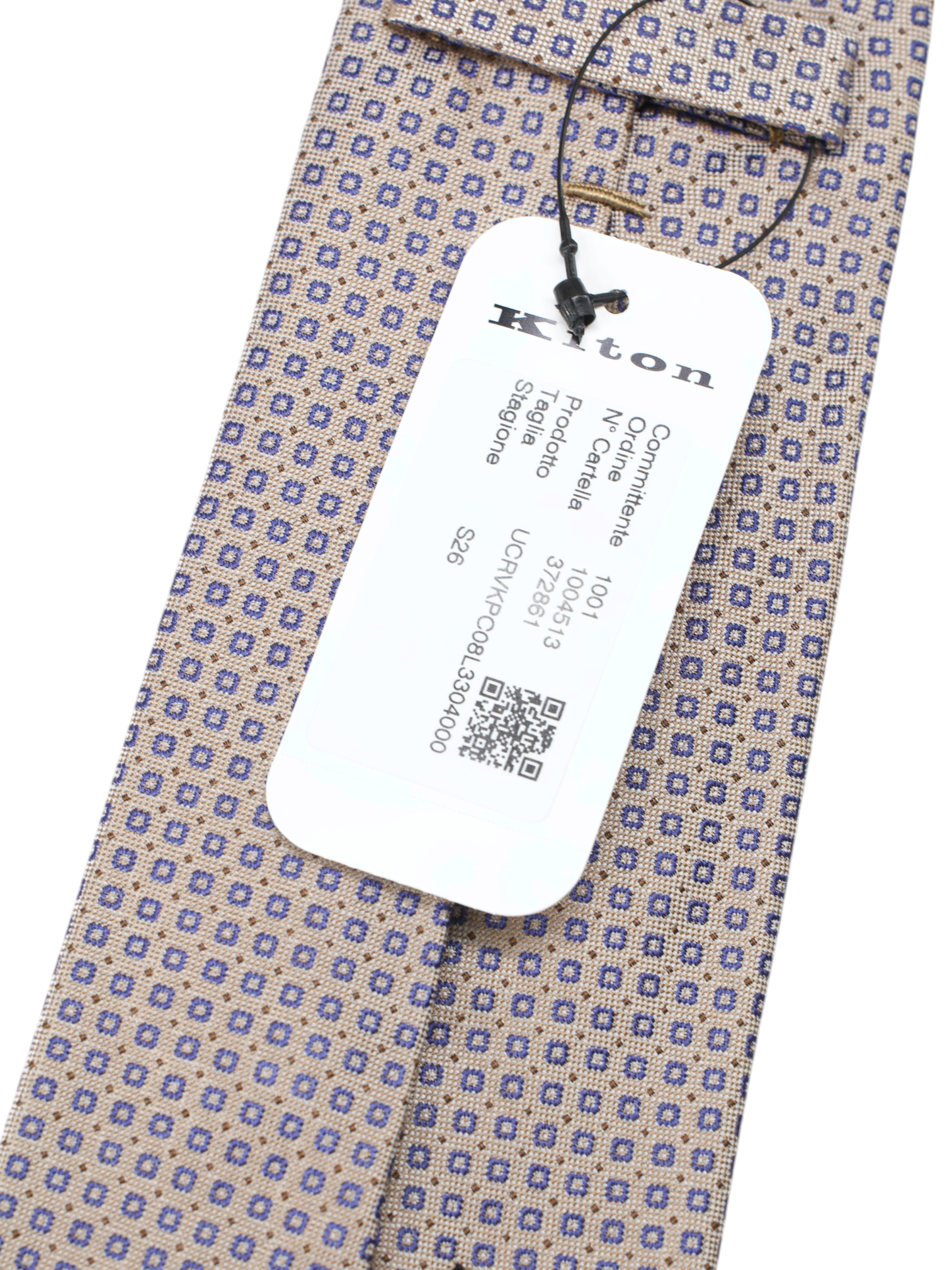 Kiton 5-Fold Taupe & Navy Silk Micro-Square Pattern Tie