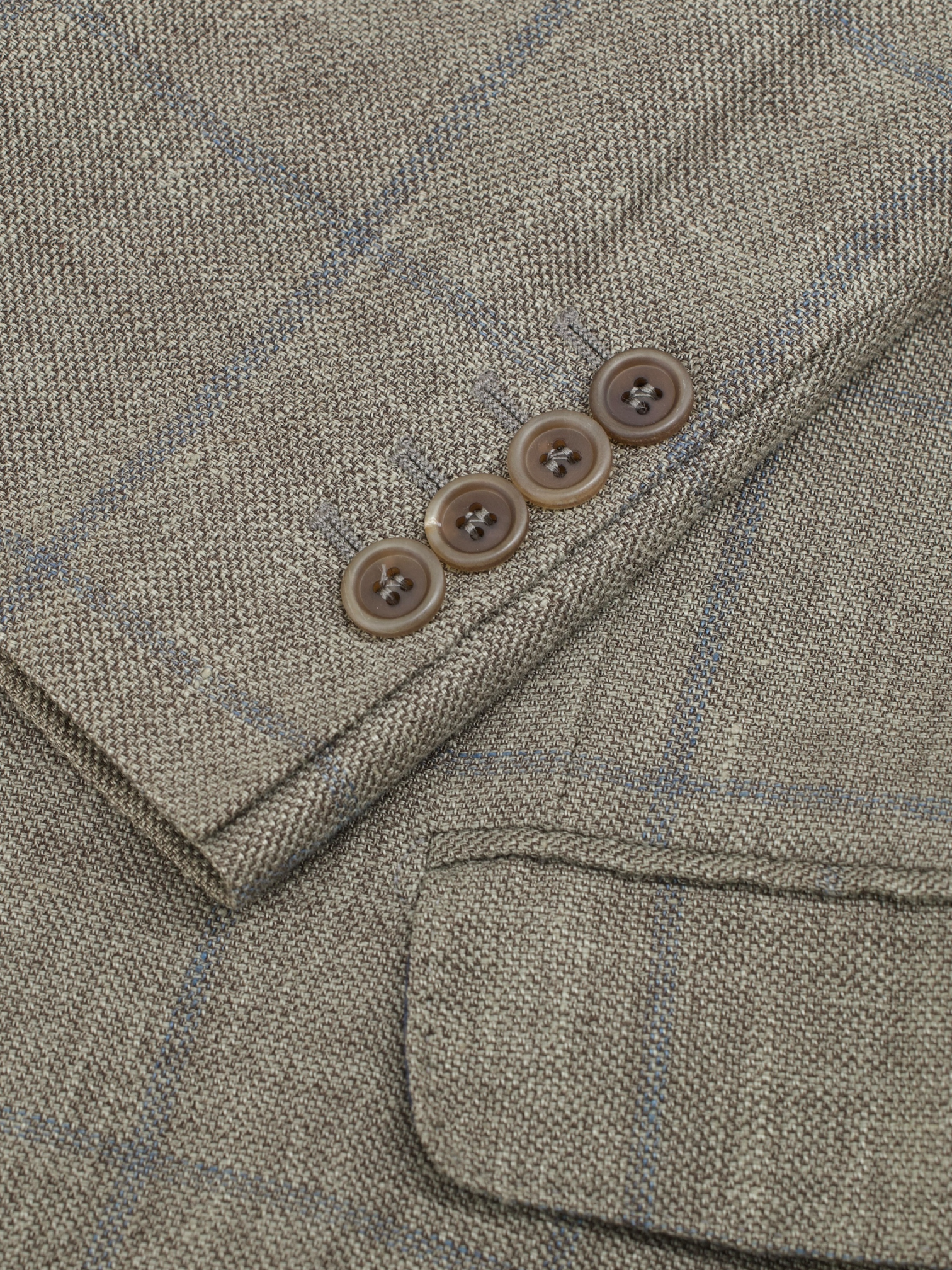 Brunello Cucinelli Light Brown & Chambray Blue Linen, Wool & Silk Windowpane Jacket