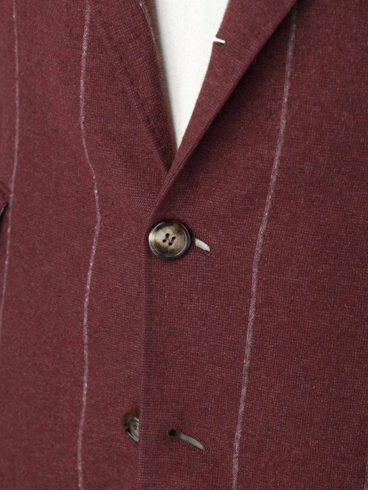 Brunello Cucinelli Dark Red Silk, Wool & Cashmere Double Breasted Chalkstripe Jacket