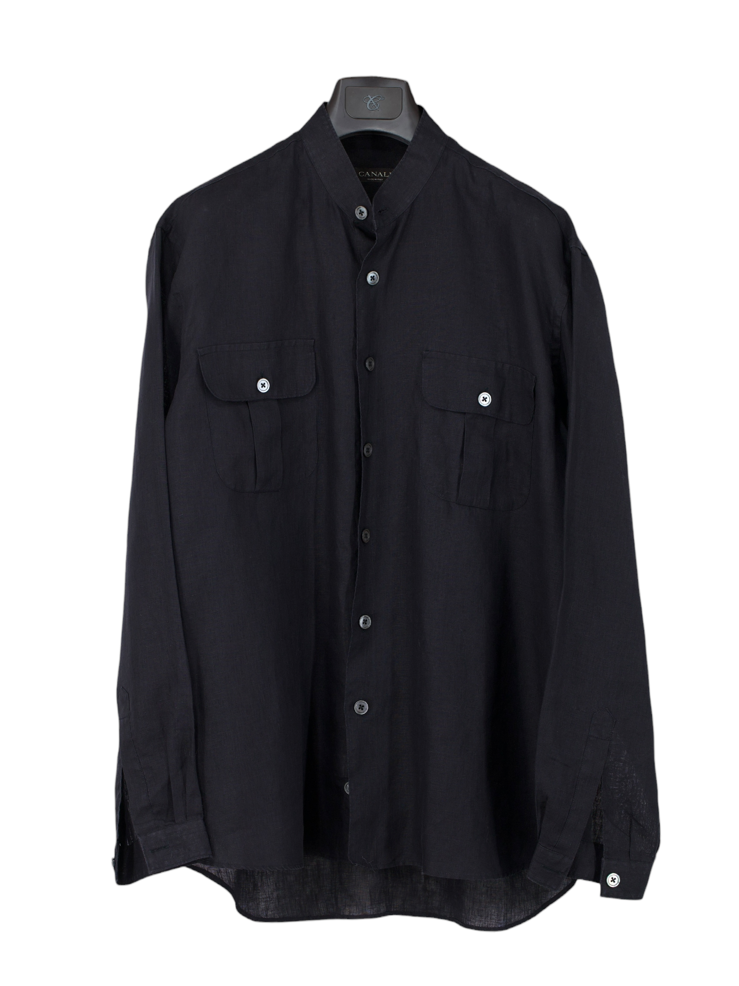 Canali Black Pure Linen Mandarin-Collar Summer Shirt