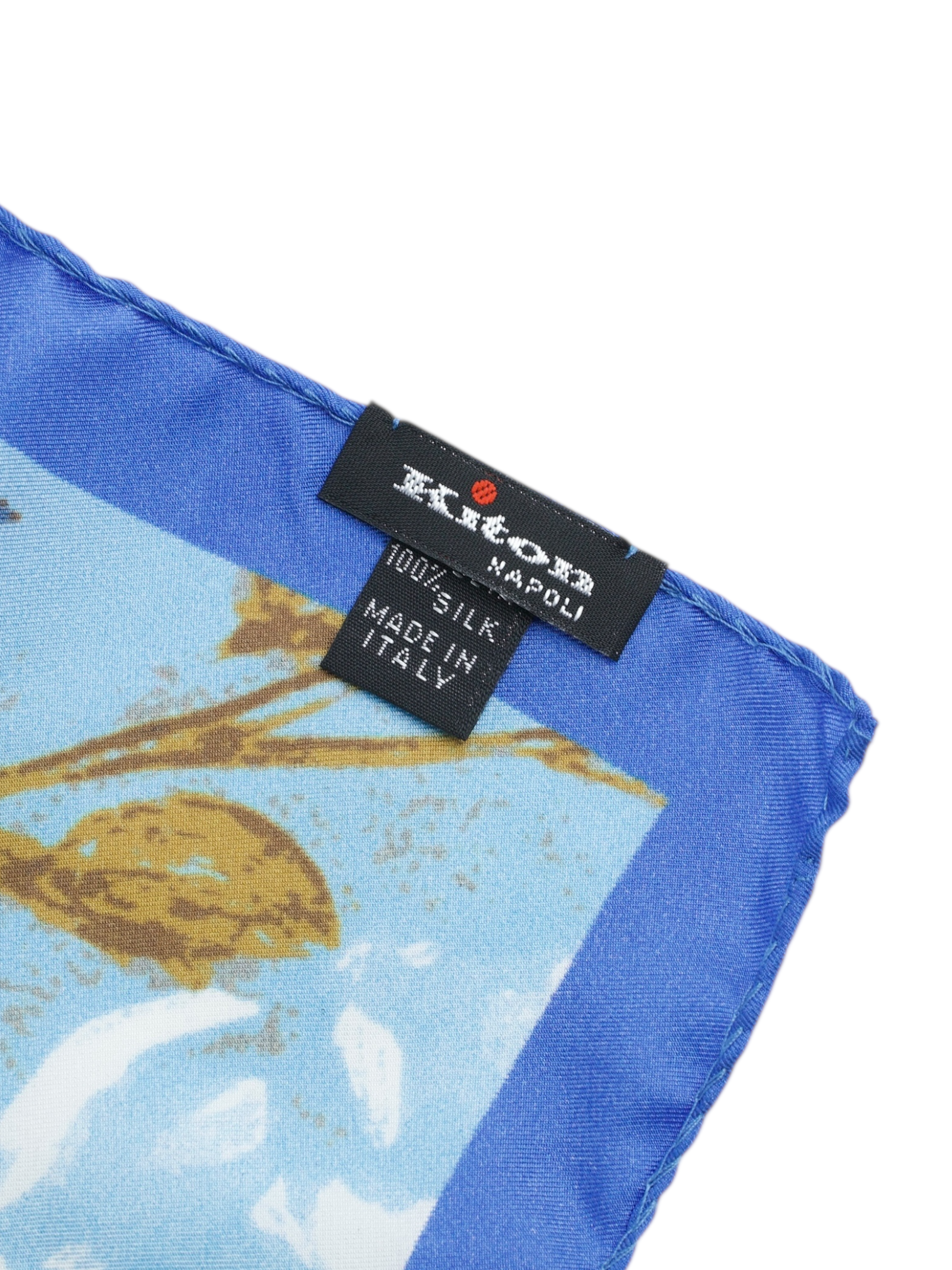 Kiton Blue Silk Leave-Pattern Handrolled Pocketsquare