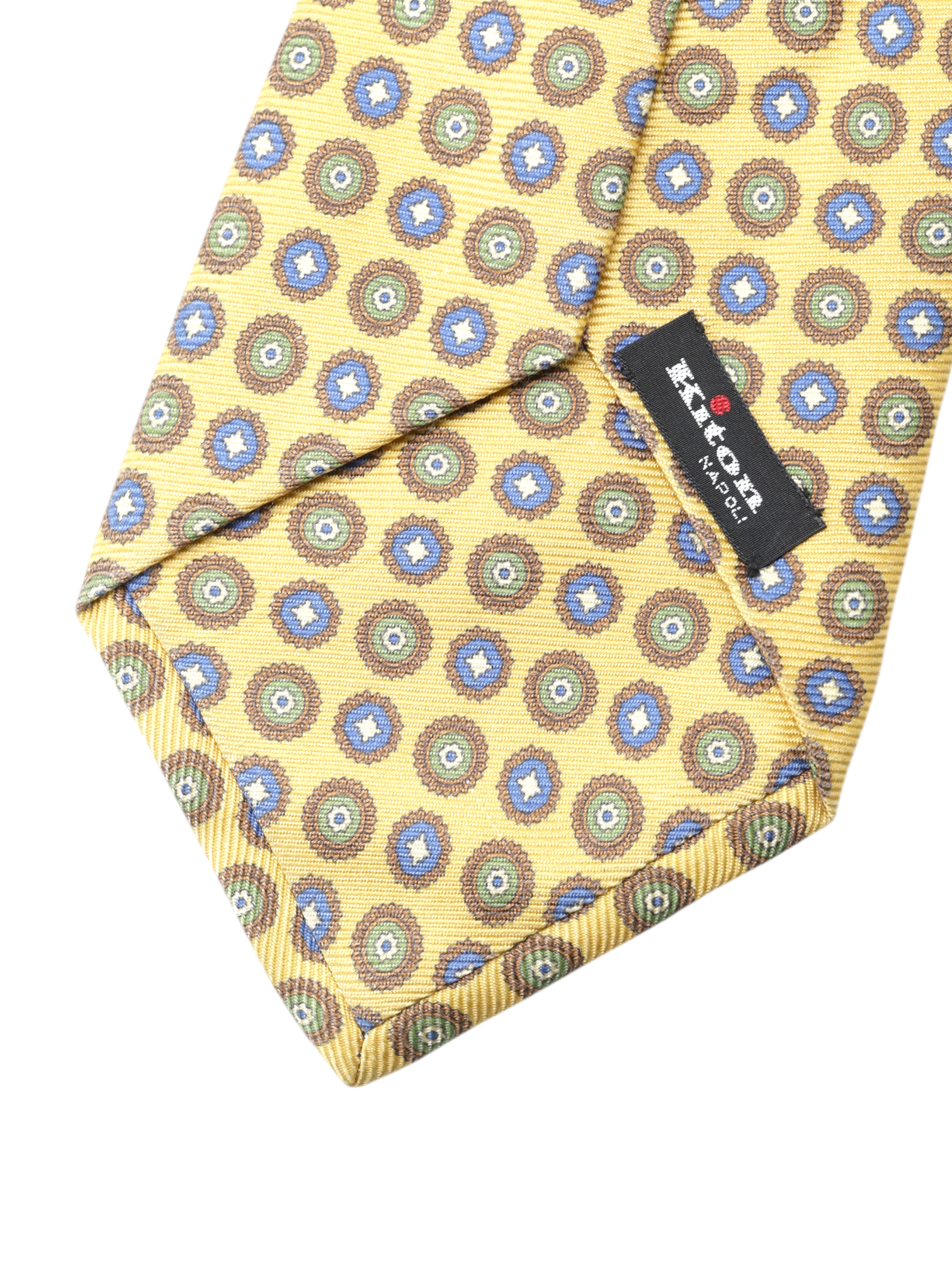 Kiton 5-Fold Sunflower Yellow & Blue Silk Vintage-Pattern Self-Tipped Tie
