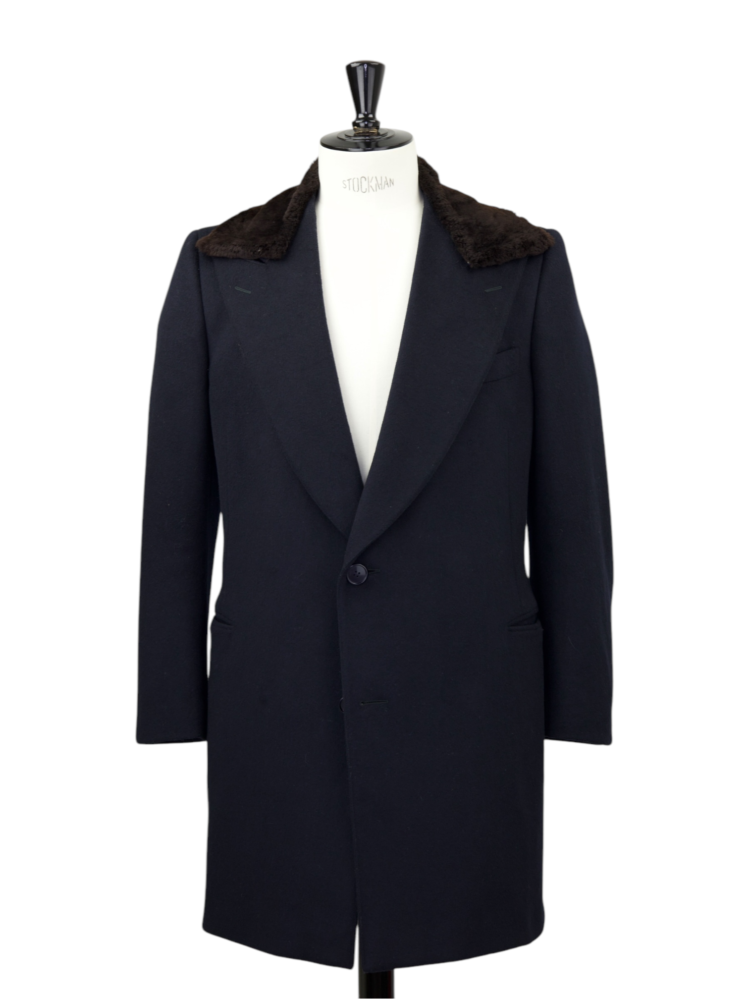 Corneliani Navy Wool Blend Shearling-Collar Overcoat