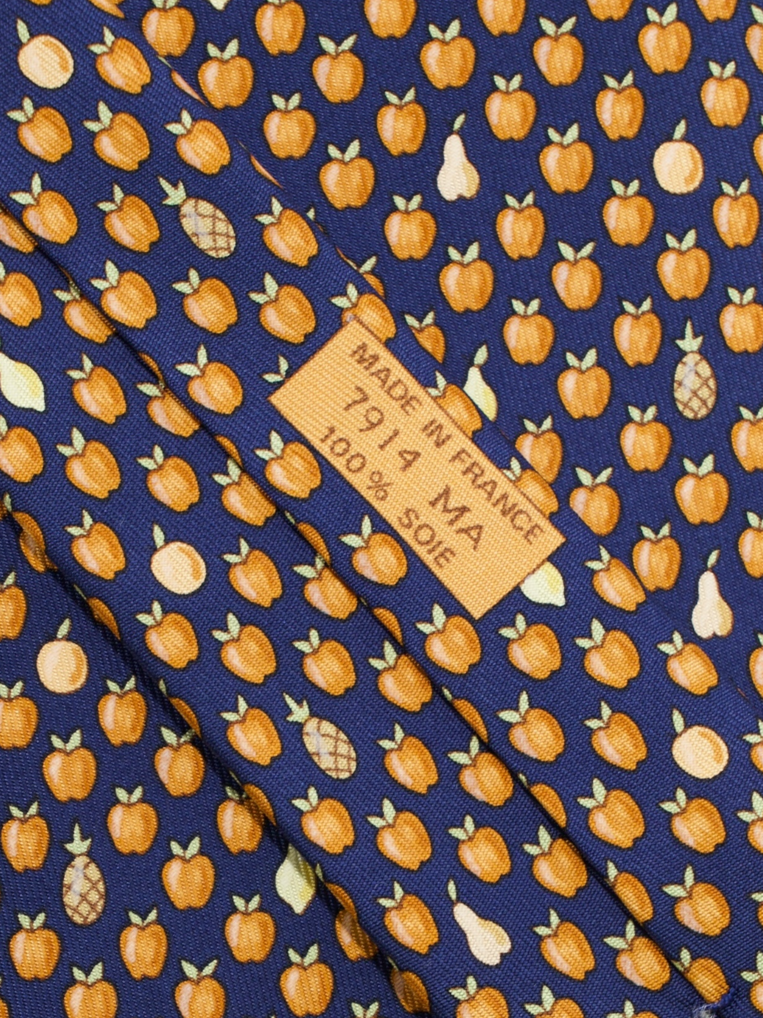 Hermès Navy & Orange Silk Apple & Pear Pattern Tie