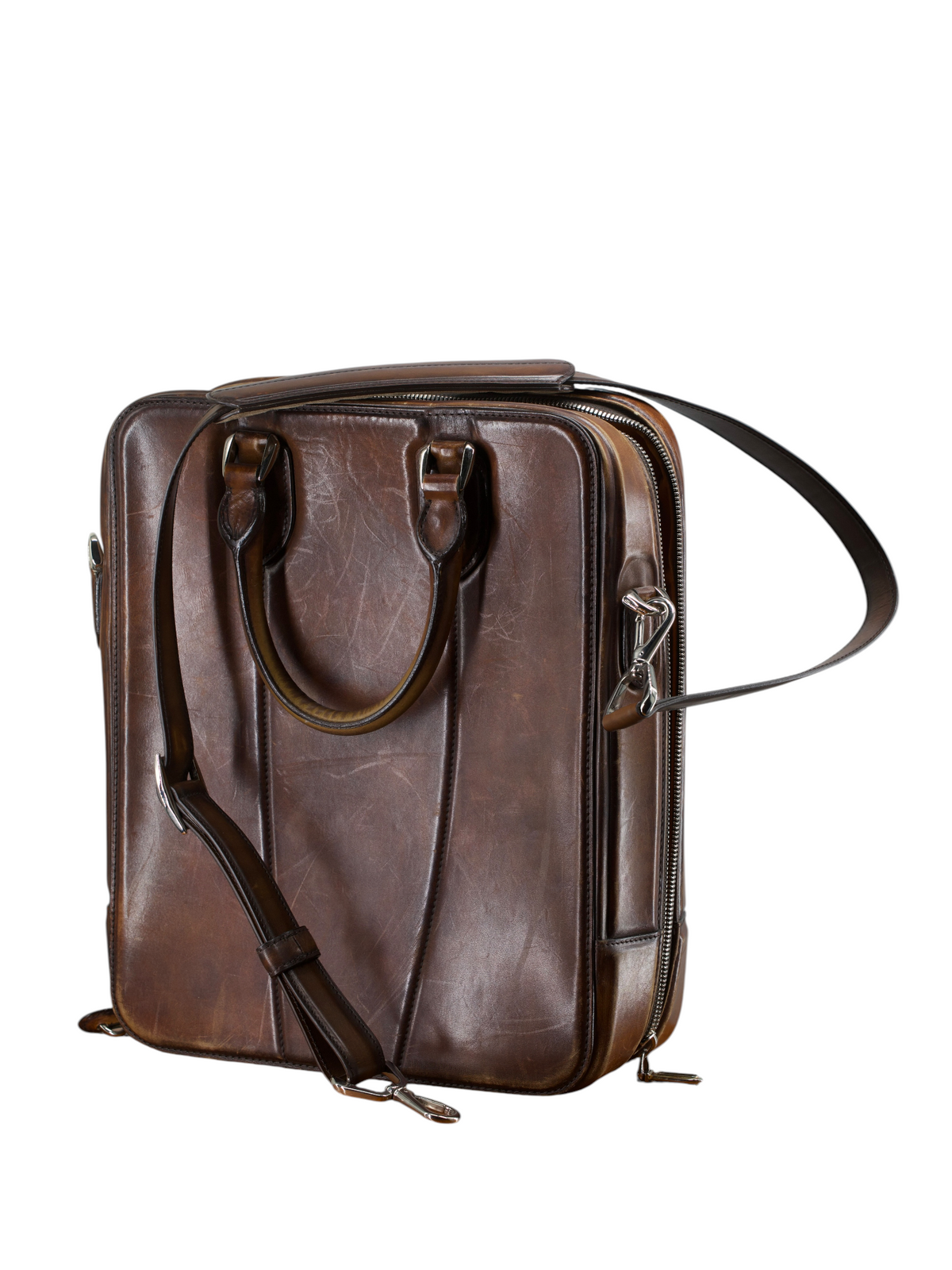 Santoni Cognac Brown Patina-Leather Business Tote-Bag