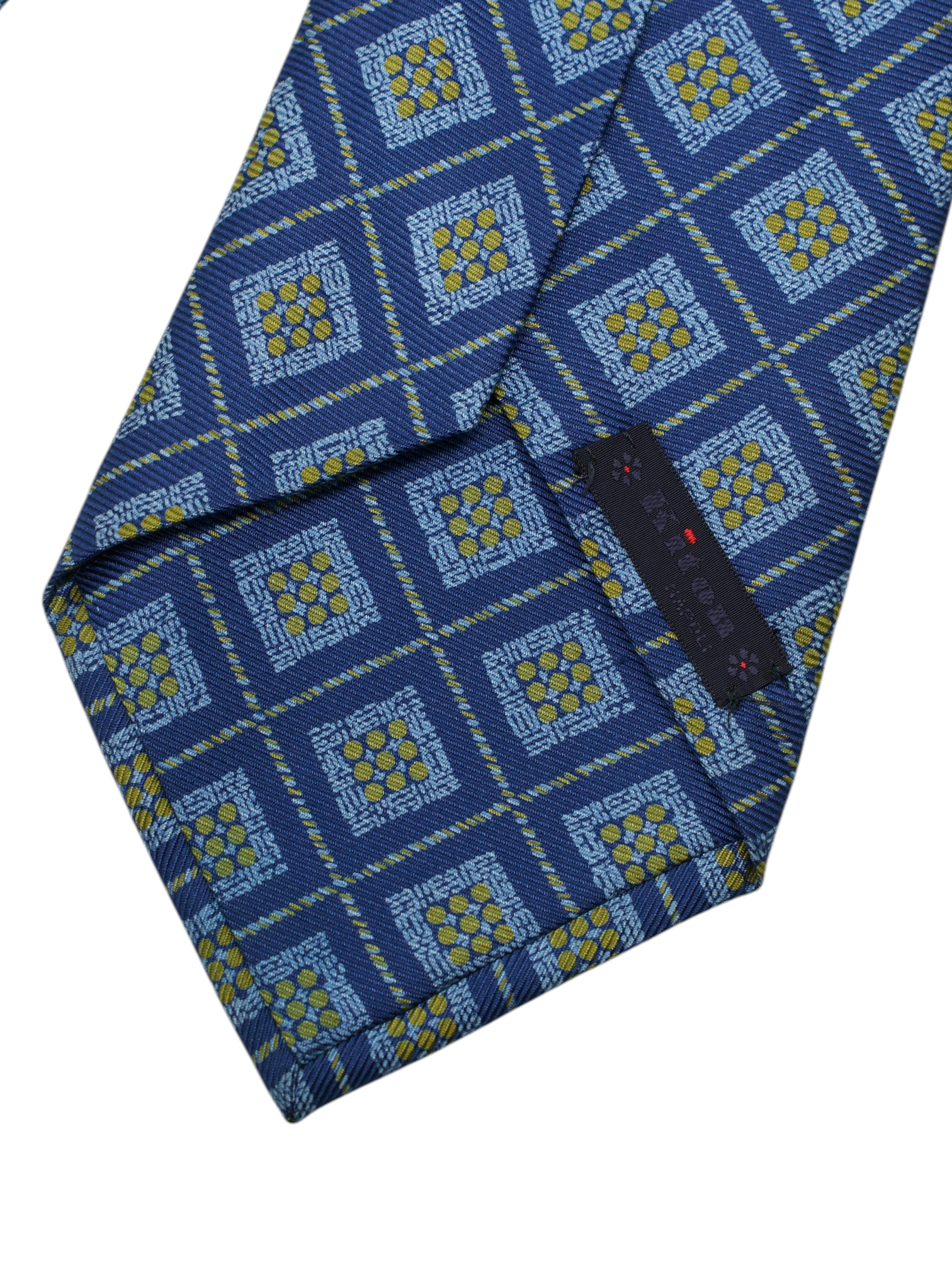Kiton 5-Fold Denim Blue & Yellow Silk Square-Medaillon Pattern Tie