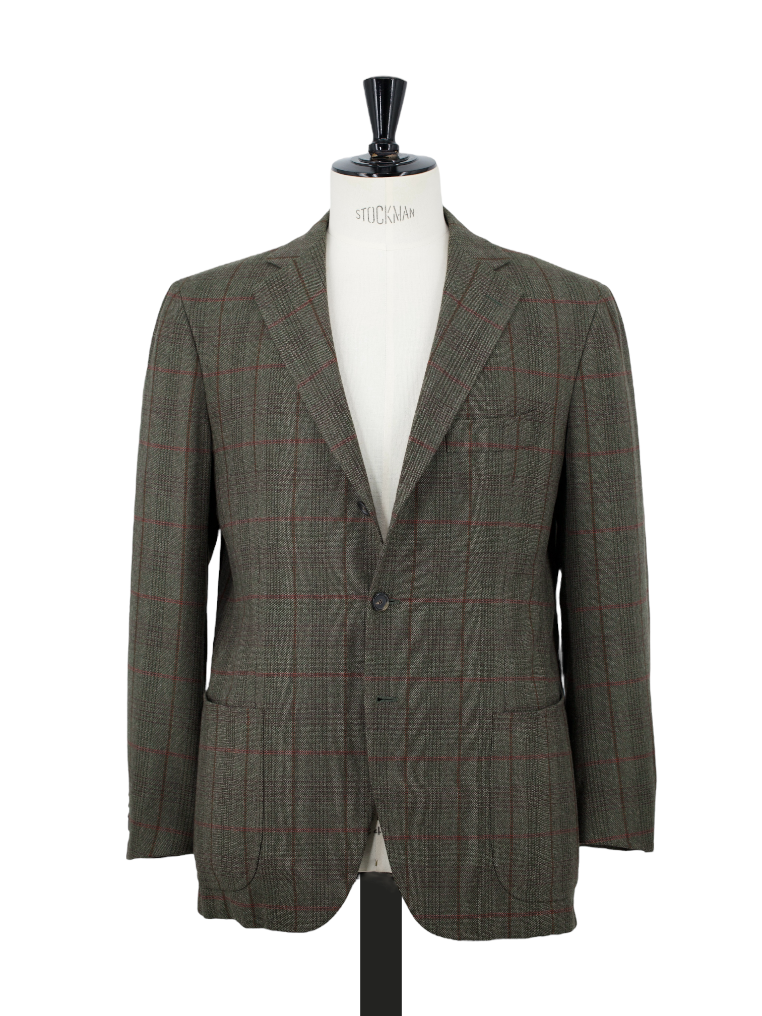Cesare Attolini Olive Green & Red Wool & Cashmere Windowpane Jacket