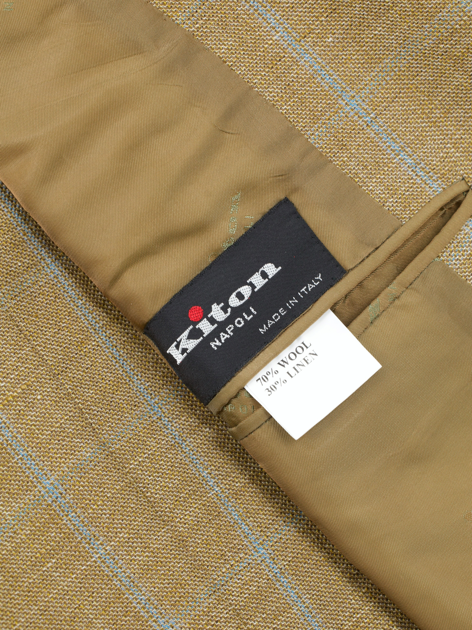 Kiton Caramel Brown & Light Blue Wool & Linen Windowpane Summer Jacket