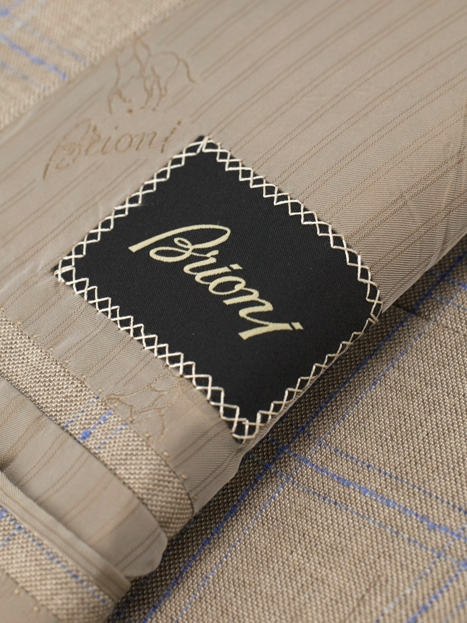 Brioni Taupe & Light Blue Wool & Shantung Silk Windowpane Senato Jacket