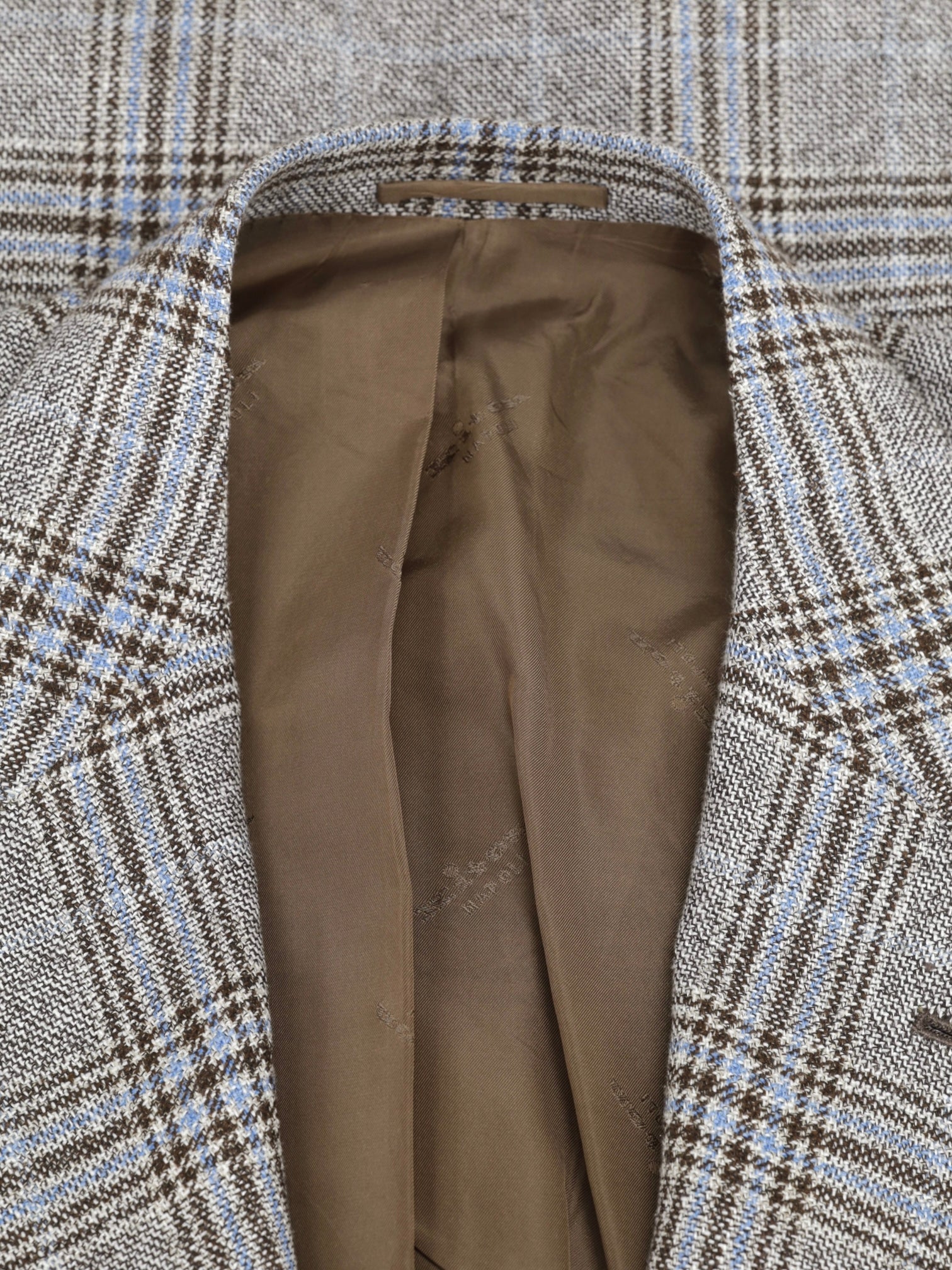 Kiton Taupe & Light Blue Silk, Cashmere, Wool & Linen Checkered Jacket
