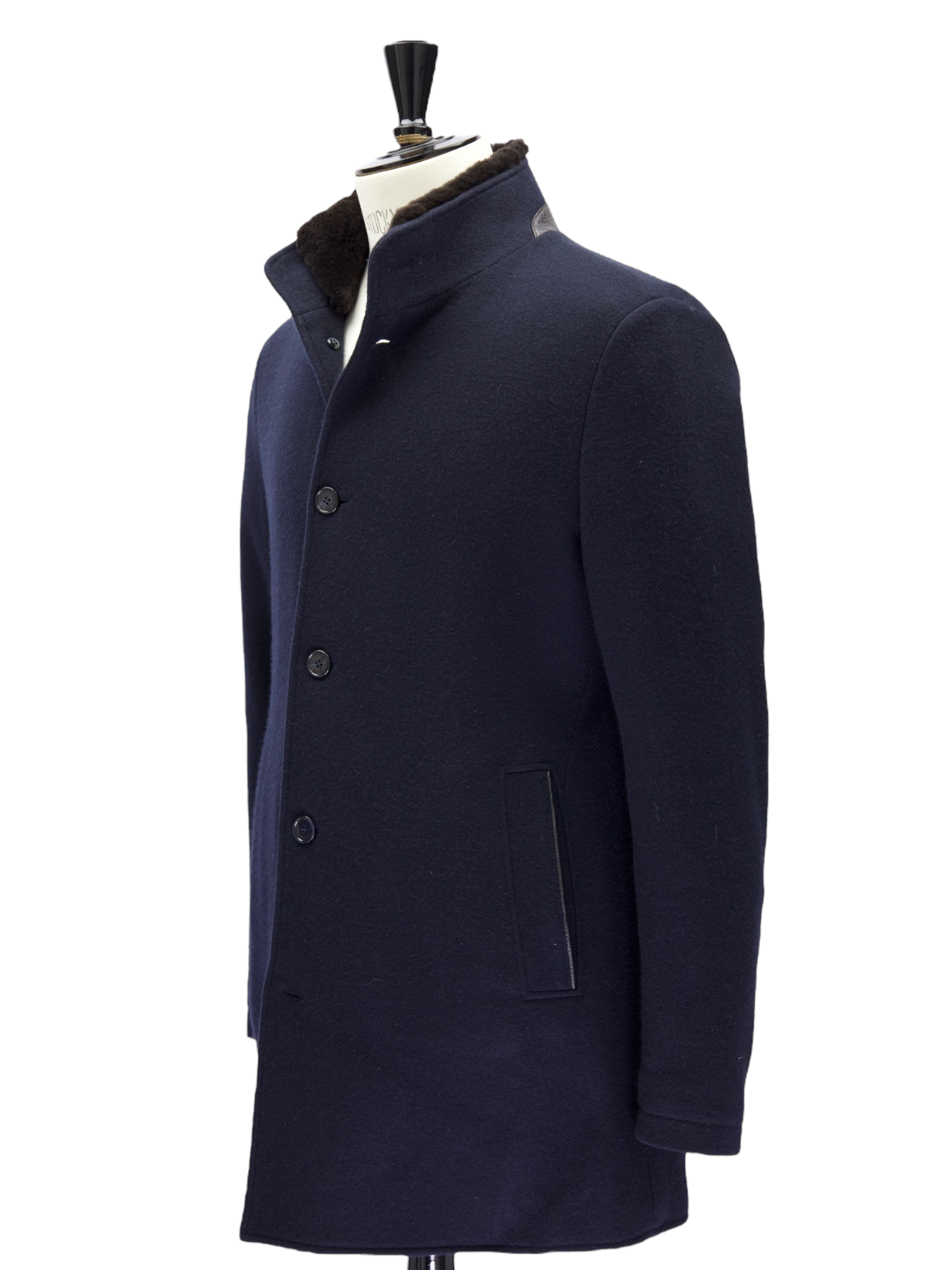 Mandelli Navy Cashmere & Castorino Fur Collar Overcoat