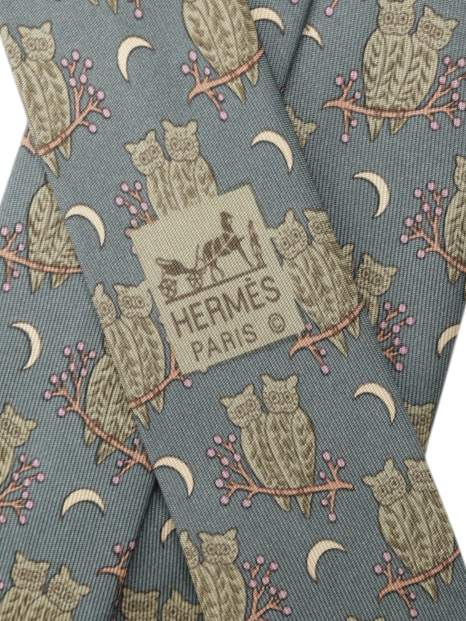 Hermès Dark Green & Brown "Owls at Night" Pattern Tie